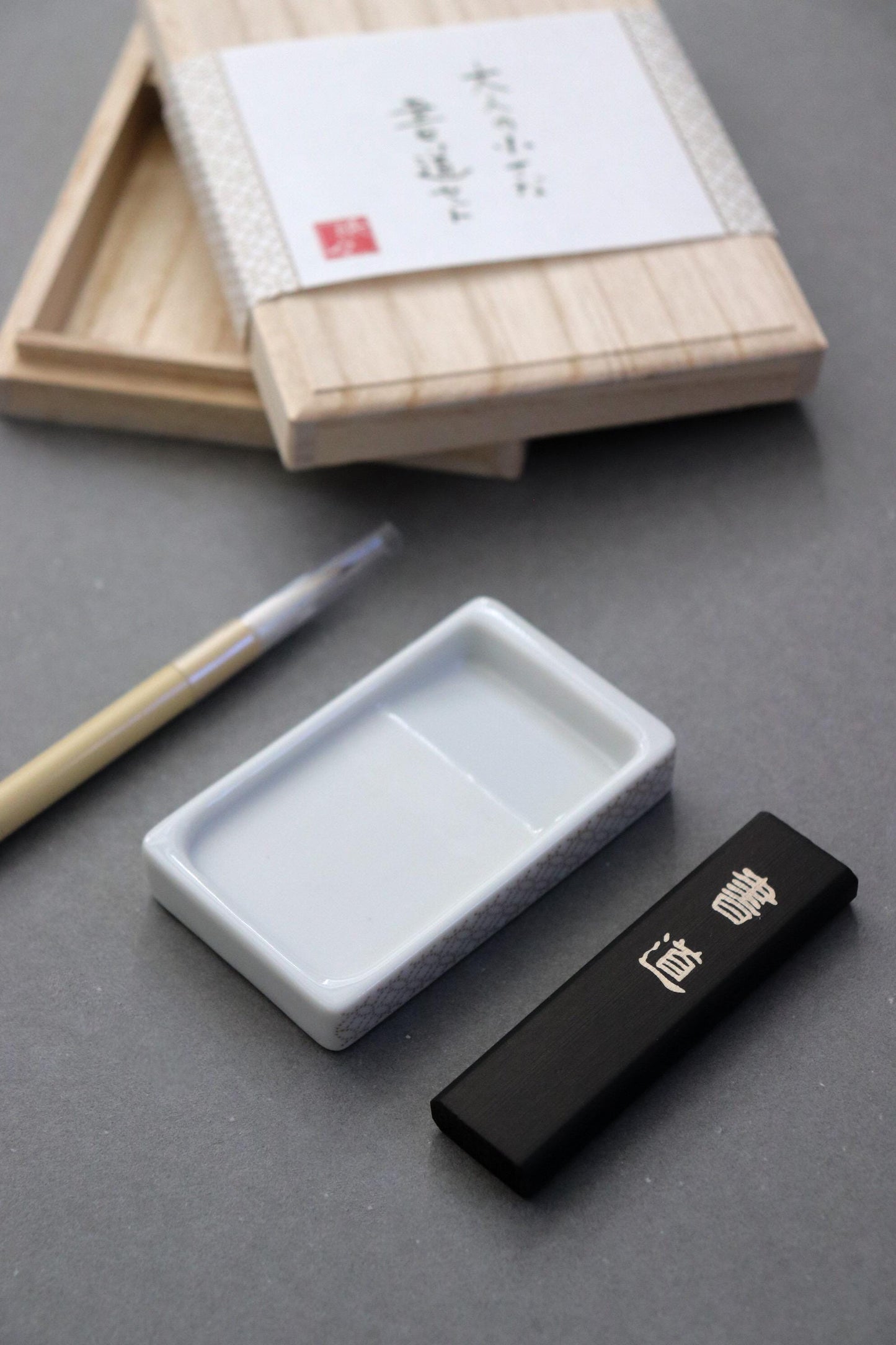 Japanese Calligraphy Set in Kiri Wood Box–Mini Shodo Writing Kit with Ceramic Suzuri Ink Stone, Sumi Ink&Brush–Traditional Japanese Art Gift