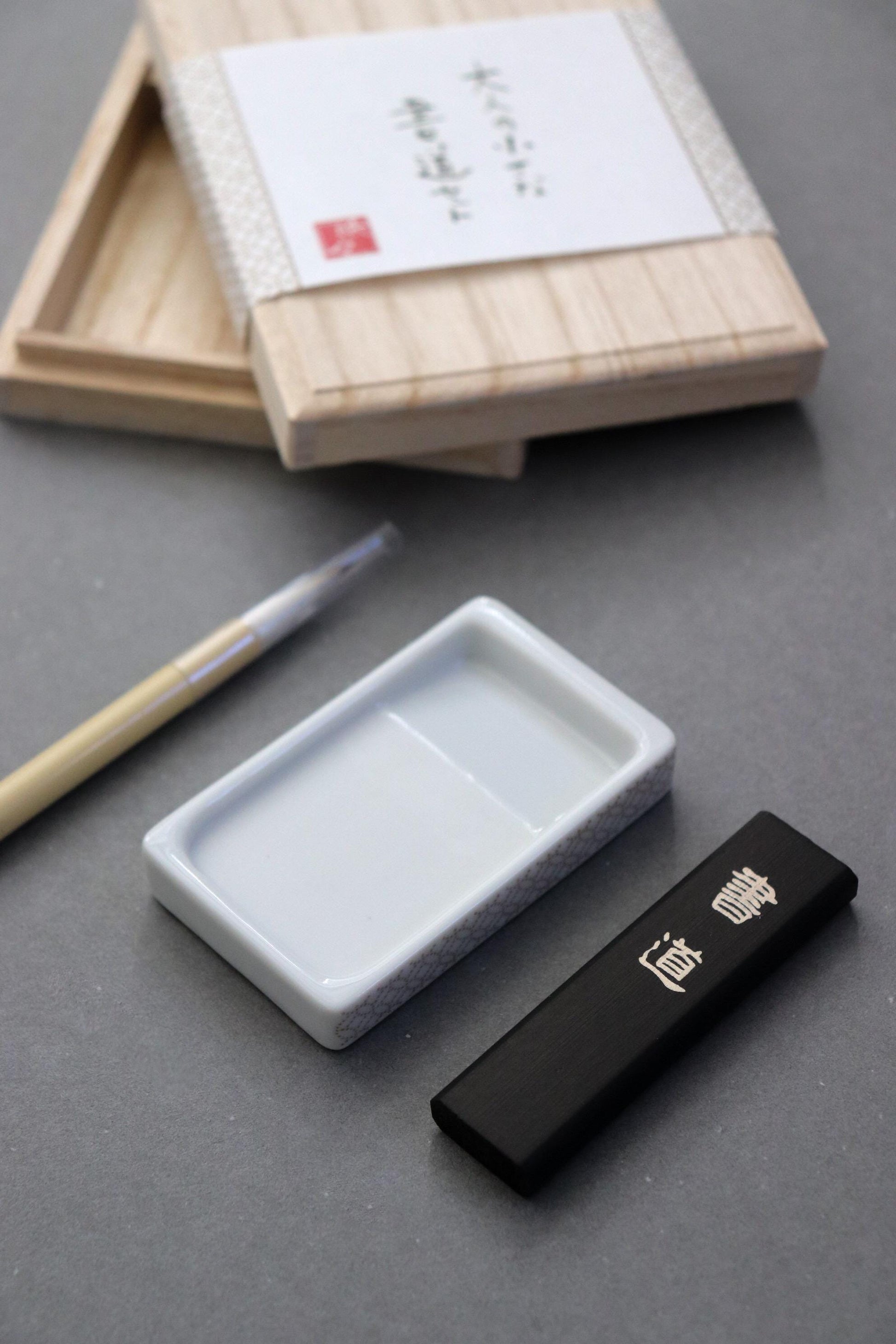 Japanese Calligraphy Set in Kiri Wood Box–Mini Shodo Writing Kit with Ceramic Suzuri Ink Stone, Sumi Ink&Brush–Traditional Japanese Art Gift