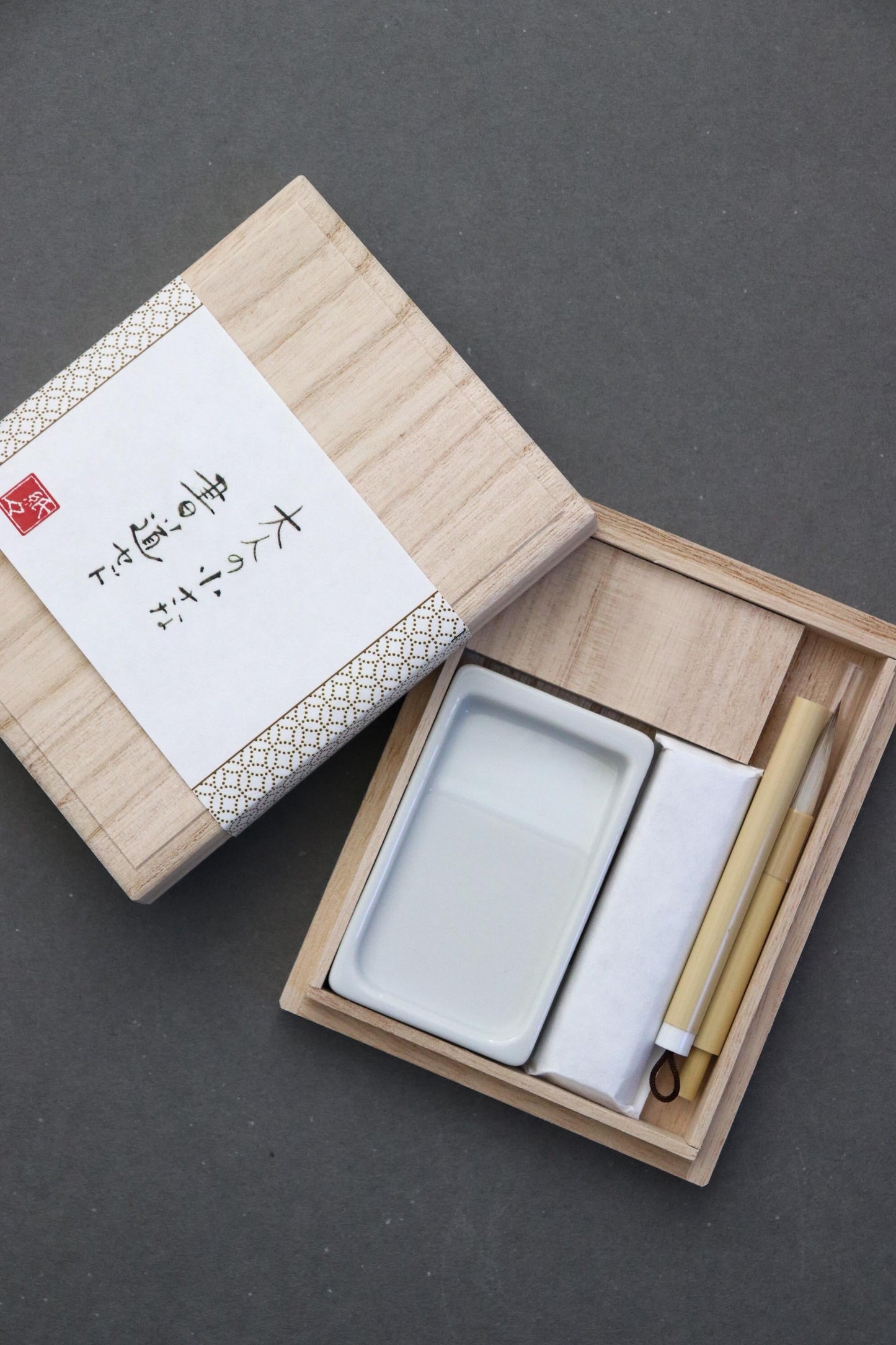 Japanese Calligraphy Set in Kiri Wood Box–Mini Shodo Writing Kit with Ceramic Suzuri Ink Stone, Sumi Ink&Brush–Traditional Japanese Art Gift