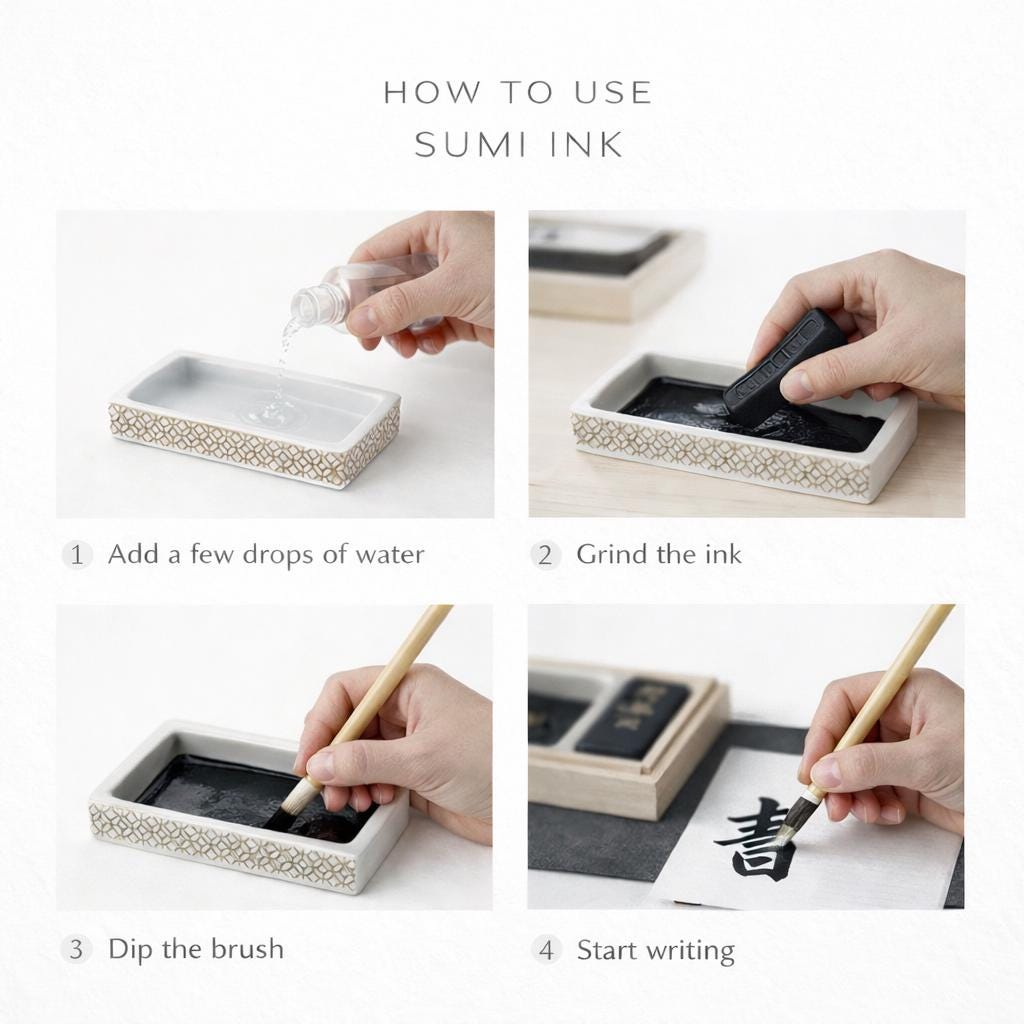 Japanese Calligraphy Set in Kiri Wood Box–Mini Shodo Writing Kit with Ceramic Suzuri Ink Stone, Sumi Ink&Brush–Traditional Japanese Art Gift