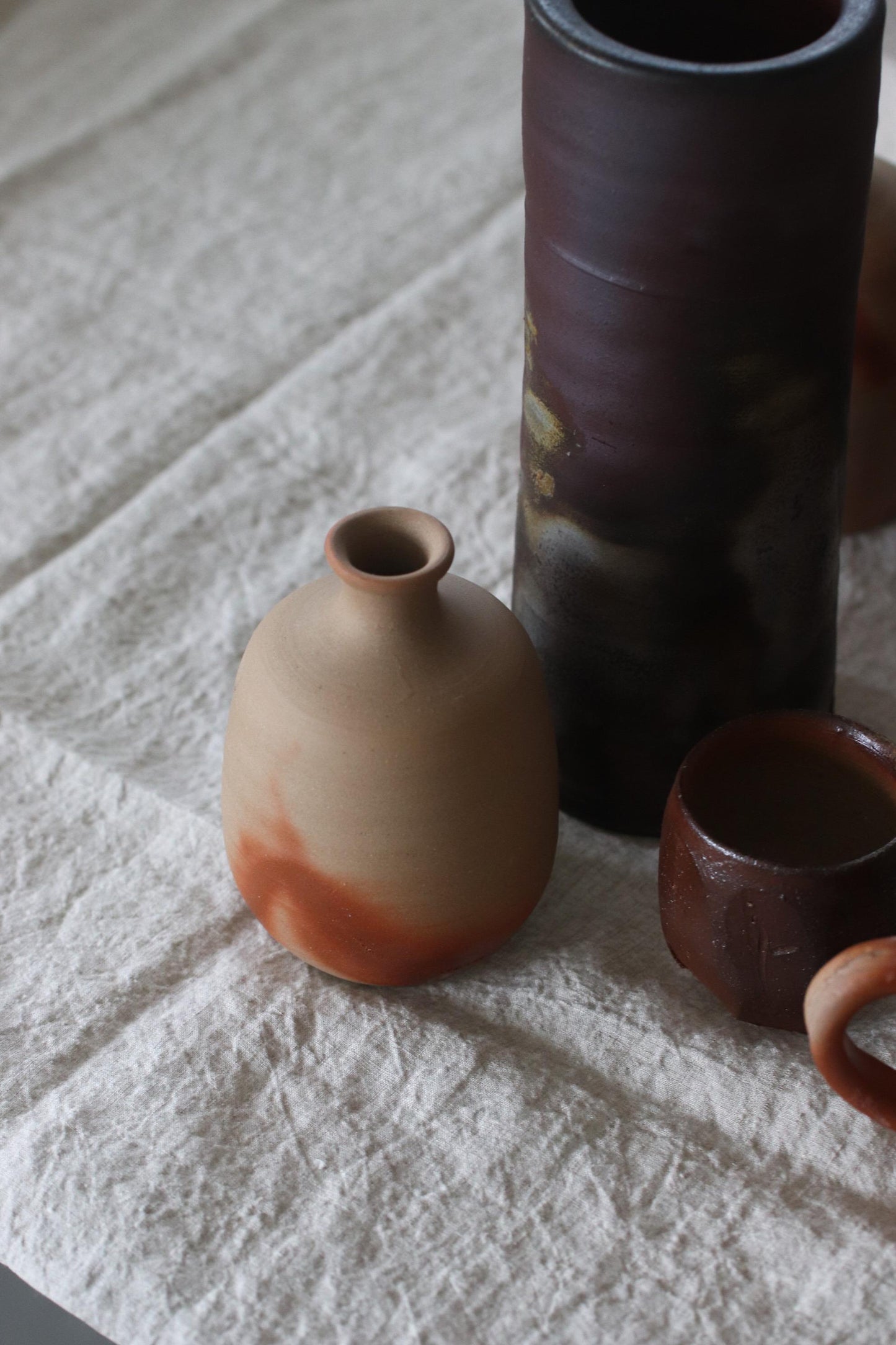 Bizen Ware Sake Set by Yasuyuki Takeuchi Tokkuri and Guinomi Handmade Japanese Pottery Artisan Ceramic Wabi Sabi
