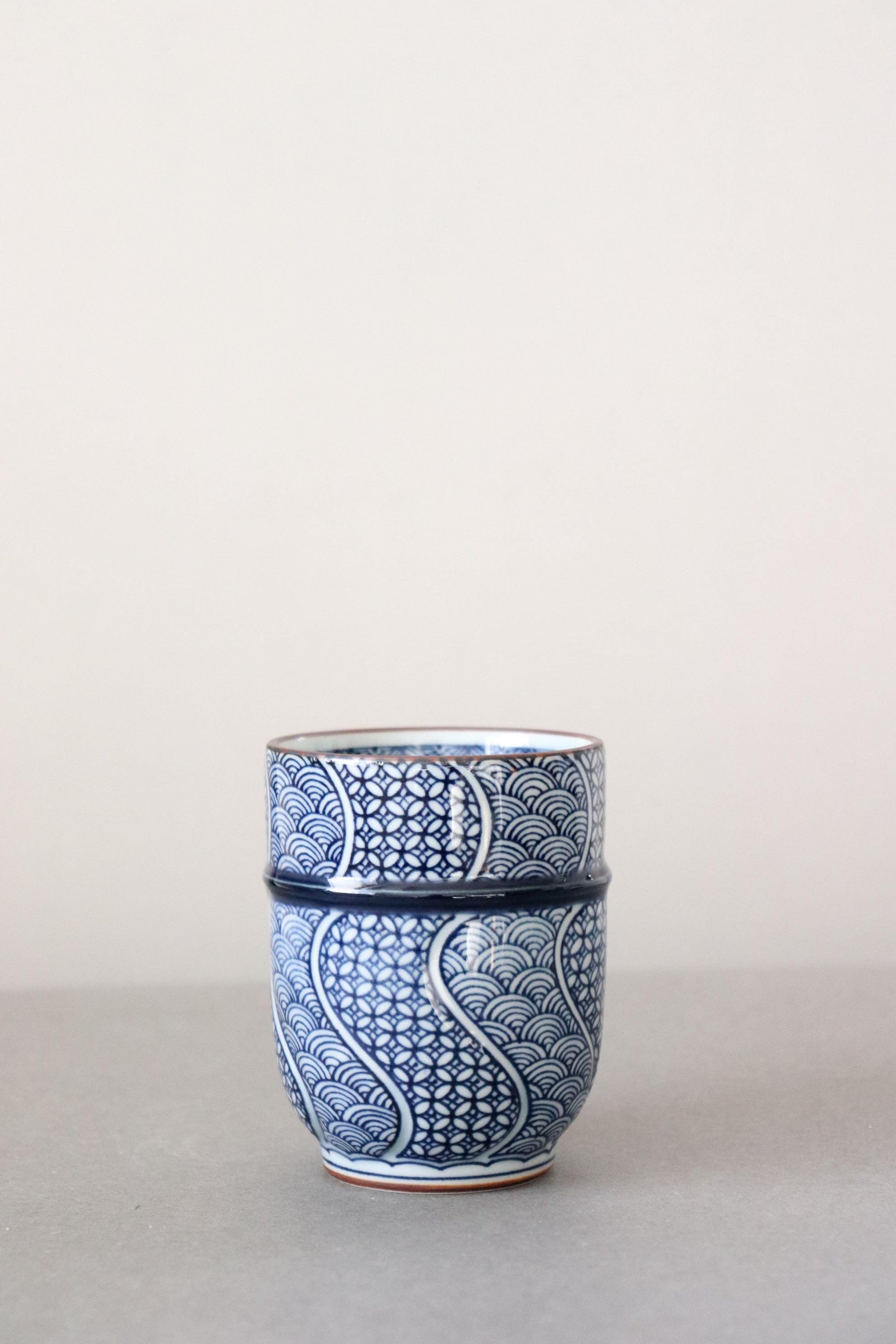 Hasami Ware Yunomi Tea Cup, Japanese Porcelain Cup, Seigaiha Pattern Mug, Blue and White Ceramic, Handmade Tea Cup Minimalist Tableware