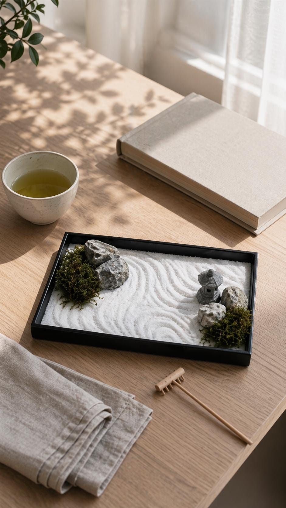 Japanese Zen Garden Kit, Mini Karesansui Set with Moss and Lantern, Desk Zen Garden, Meditation Decor, DIY Japanese Garden