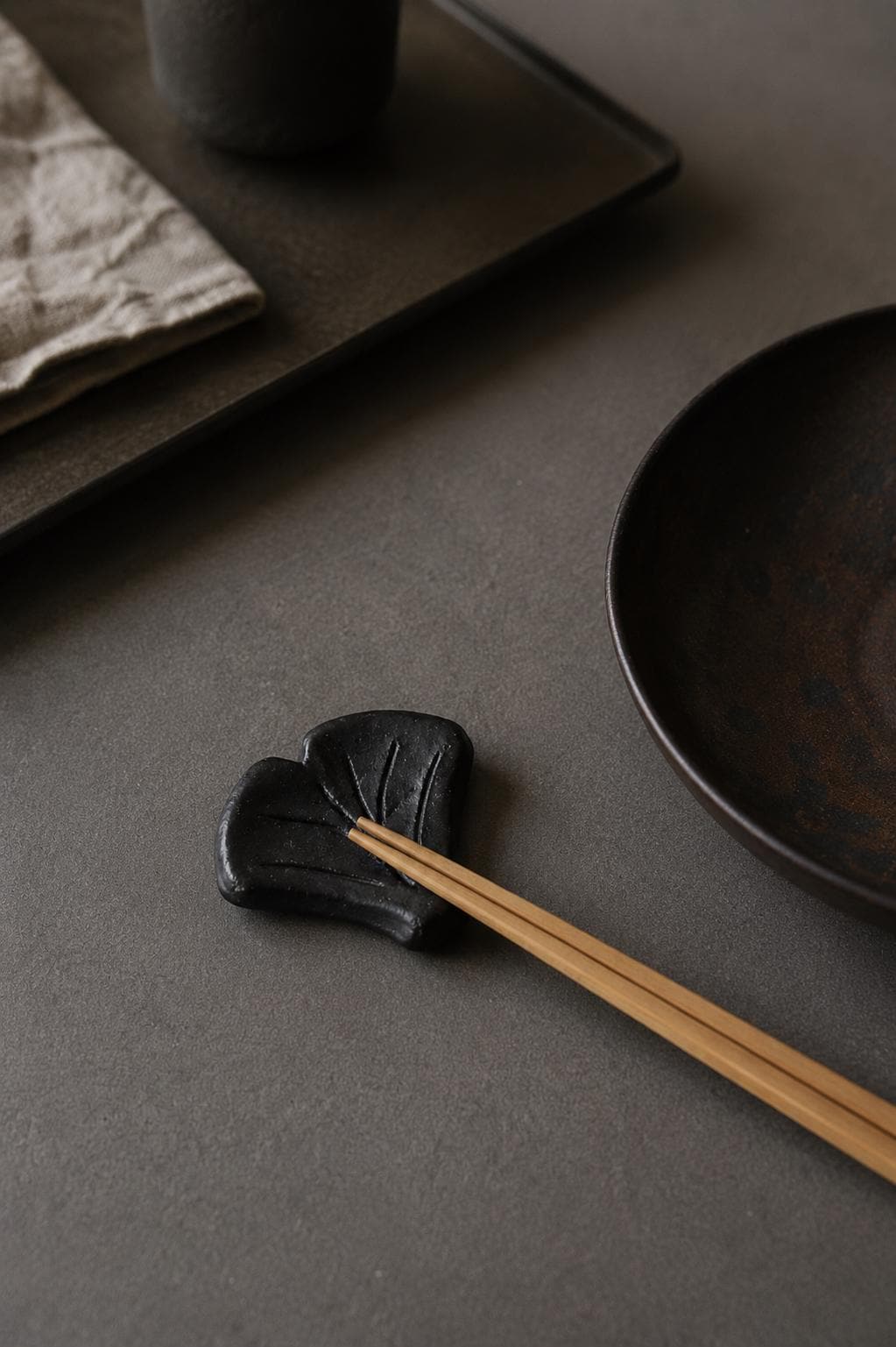 Japanese Ginkgo Chopstick Rest | Handmade Ceramic Hashioki | Black Clay Gingko Leaf Chopstick Holder | Made in Japan