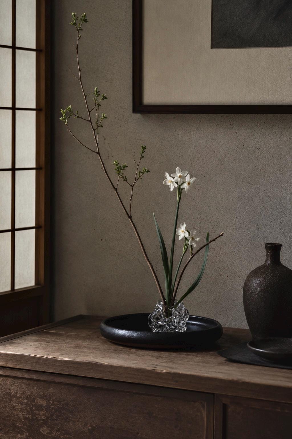 Japanese Ikebana Flower Vessel – Shigaraki Ware Ceramic Suiban Bowl – Minimalist Japanese Flower Arrangement Plate