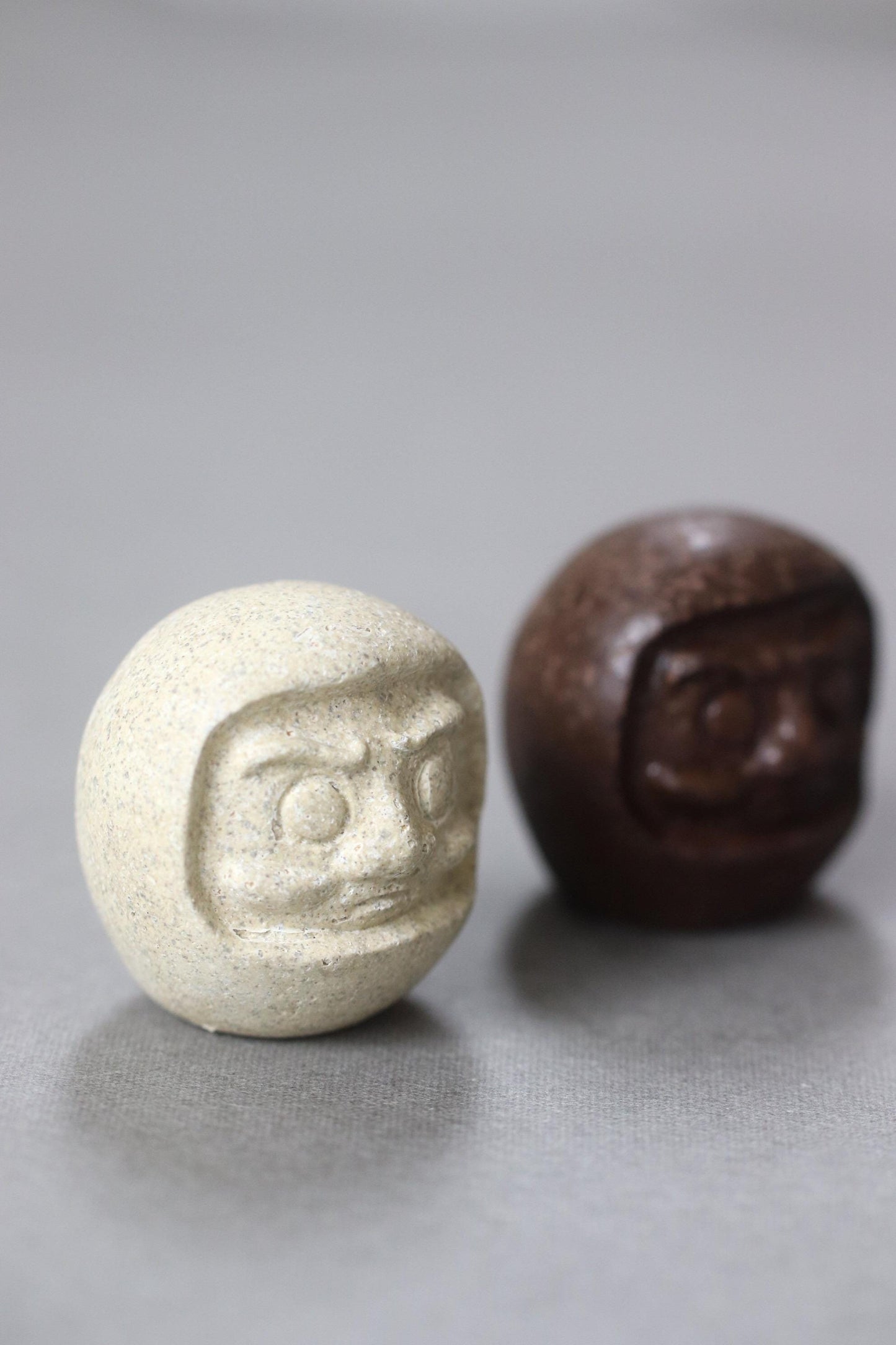 Japanese Upcycled Daruma Figurine – RE:DARUMA Food Stone Ornament, Coffee Brown / Herb Green, Eco Japanese Good Luck Charm