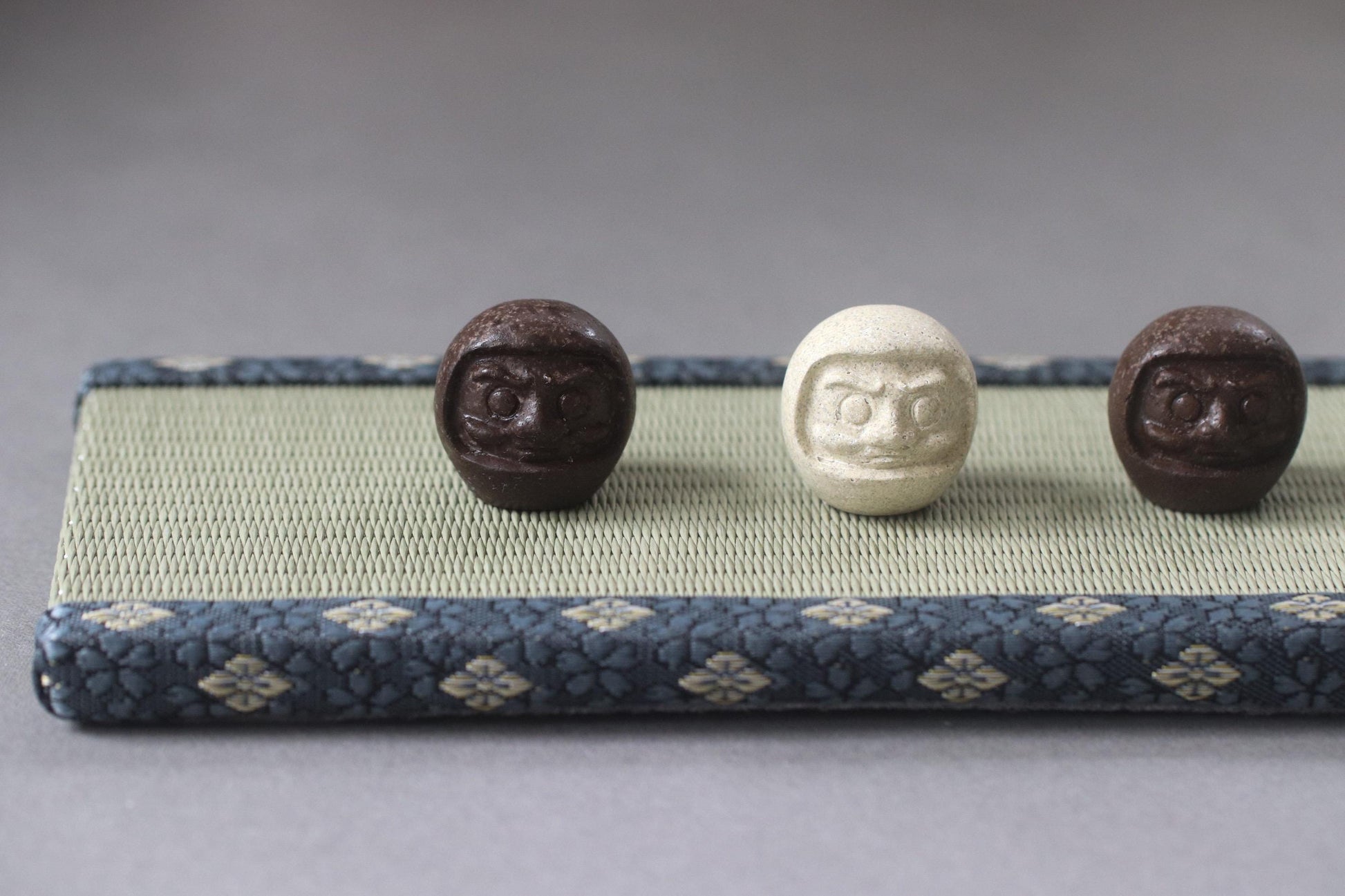 Japanese Upcycled Daruma Figurine – RE:DARUMA Food Stone Ornament, Coffee Brown / Herb Green, Eco Japanese Good Luck Charm