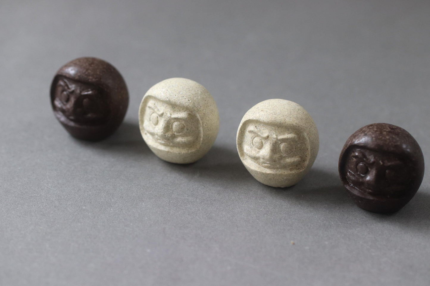 Japanese Upcycled Daruma Figurine – RE:DARUMA Food Stone Ornament, Coffee Brown / Herb Green, Eco Japanese Good Luck Charm