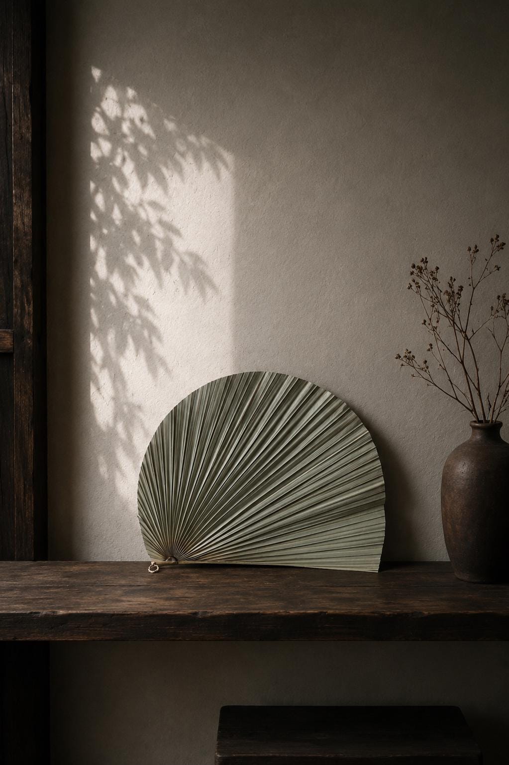 Japanese Kuba Palm Leaf Fan Wall Decor, Handmade Okinawan Folk Craft from Yonaguni Island, Natural Sculptural Object, Japandi Decor with box