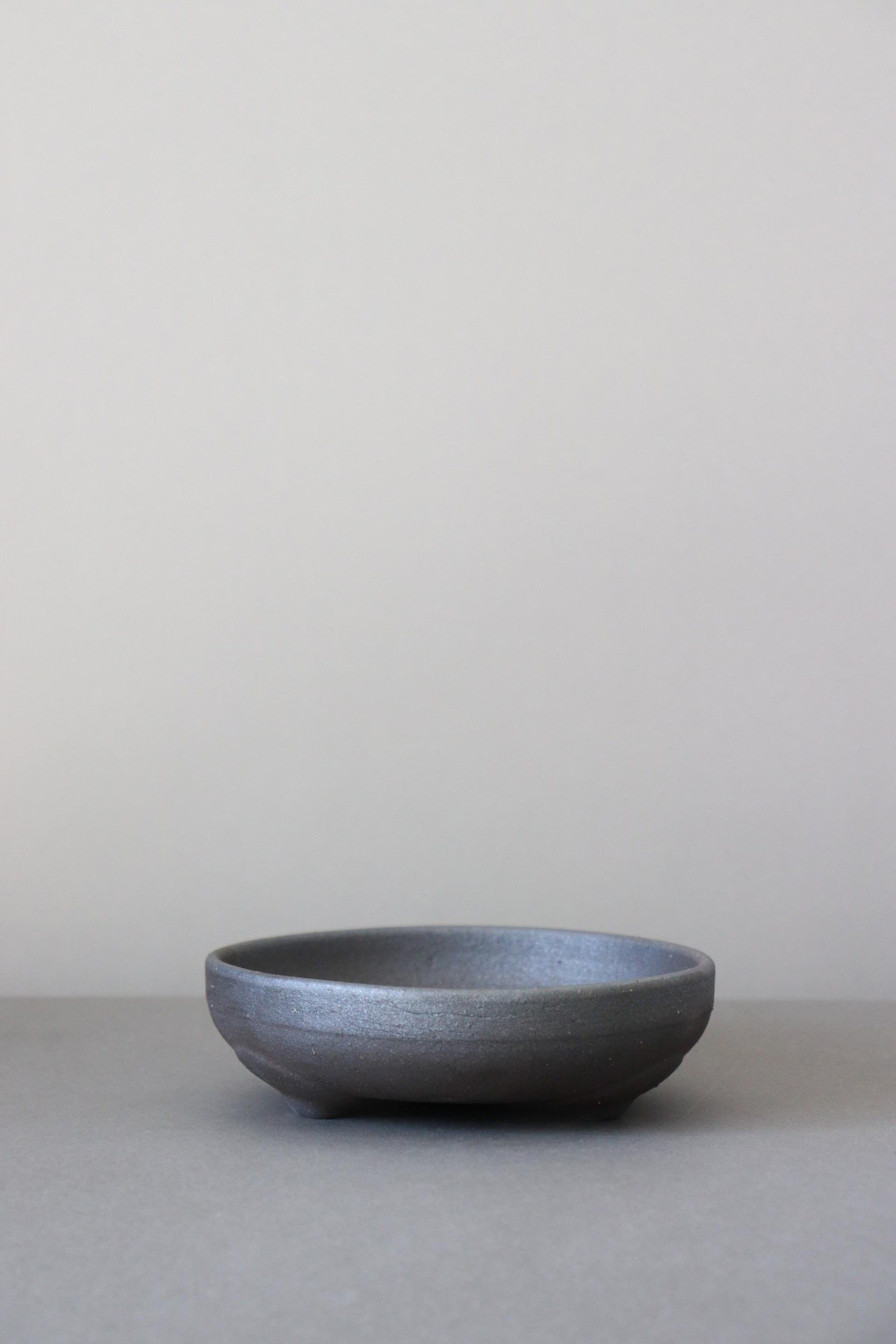 Japanese Black Footed Bowl | Charcoal Stoneware Serving Bowl | Made in Japan Ceramic Dish | Wabi Sabi Tableware | Small Raised Bowl
