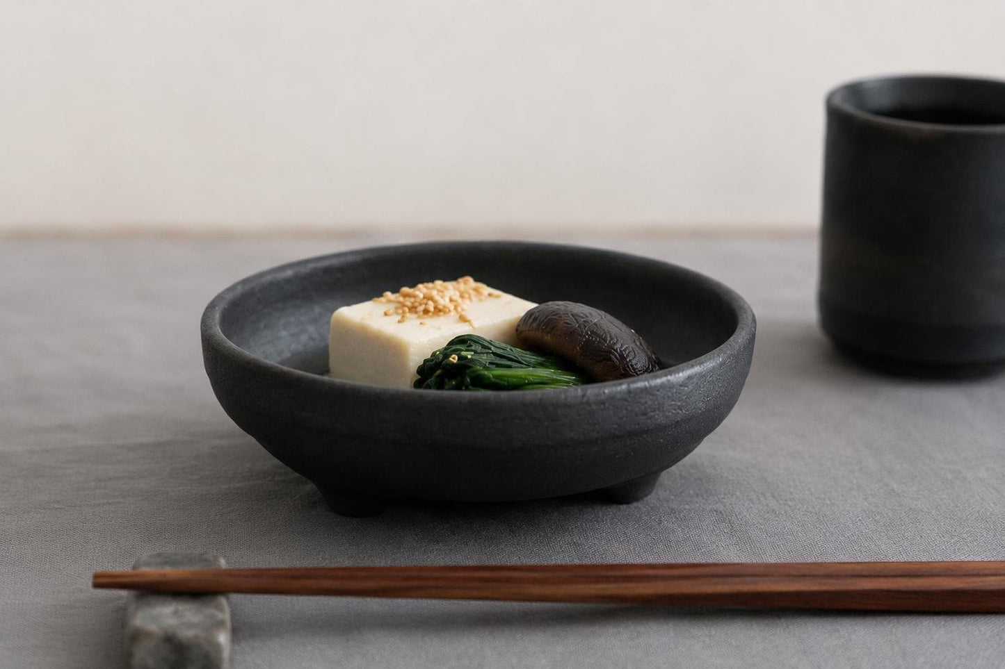 Japanese Black Footed Bowl | Charcoal Stoneware Serving Bowl | Made in Japan Ceramic Dish | Wabi Sabi Tableware | Small Raised Bowl