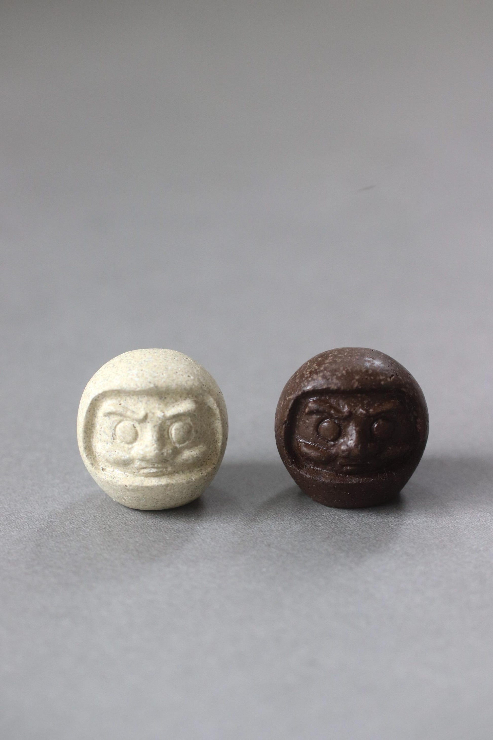 Japanese Upcycled Daruma Figurine – RE:DARUMA Food Stone Ornament, Coffee Brown / Herb Green, Eco Japanese Good Luck Charm