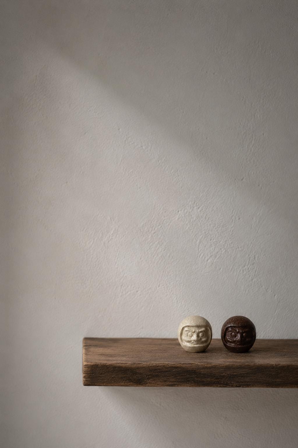 Japanese Upcycled Daruma Figurine – RE:DARUMA Food Stone Ornament, Coffee Brown / Herb Green, Eco Japanese Good Luck Charm