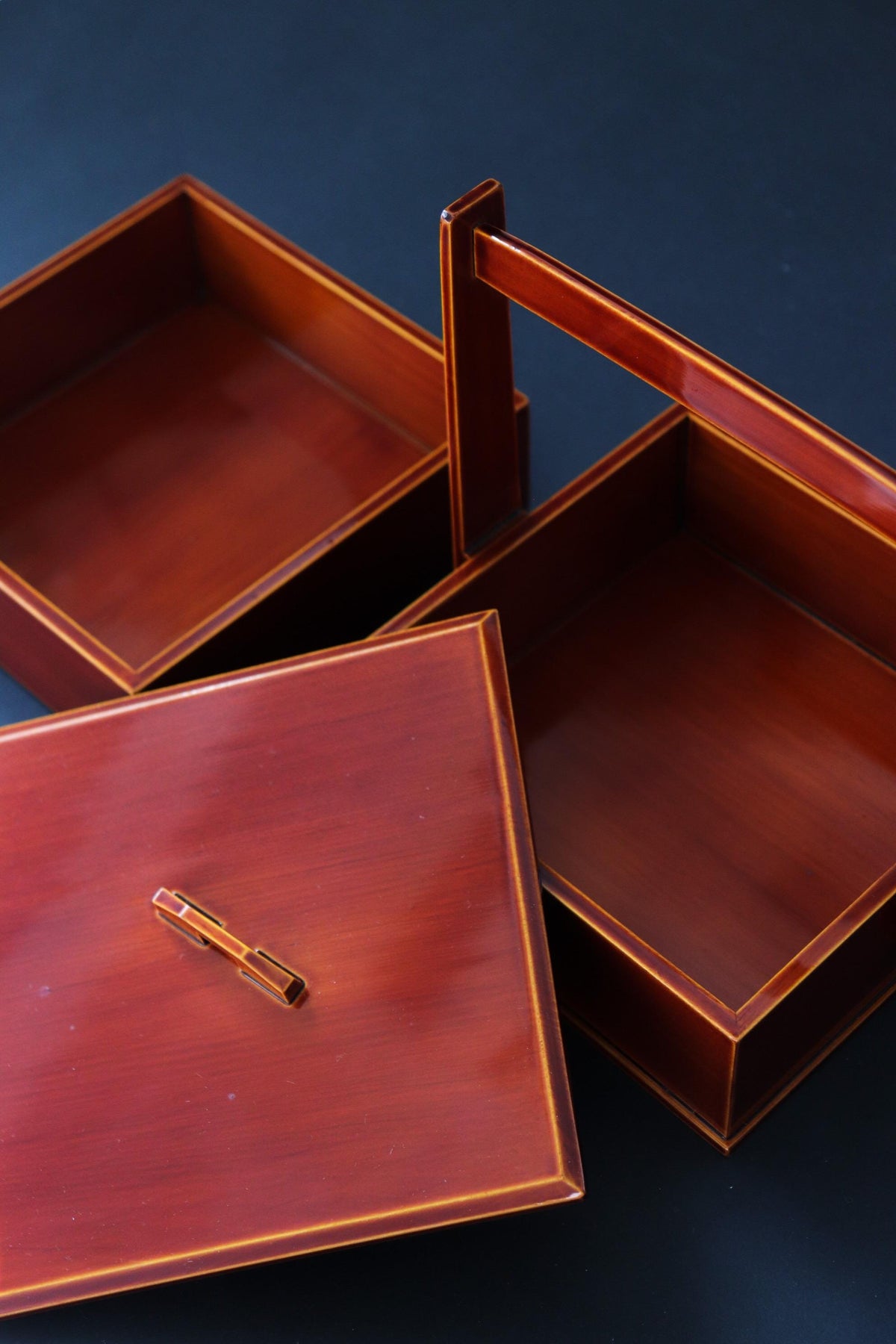 Unused Vintage Hida Takayama Shunkei Nuri Two Tier Lacquer Box, Japanese Urushi Jubako with Handle, Tea Ceremony Decor