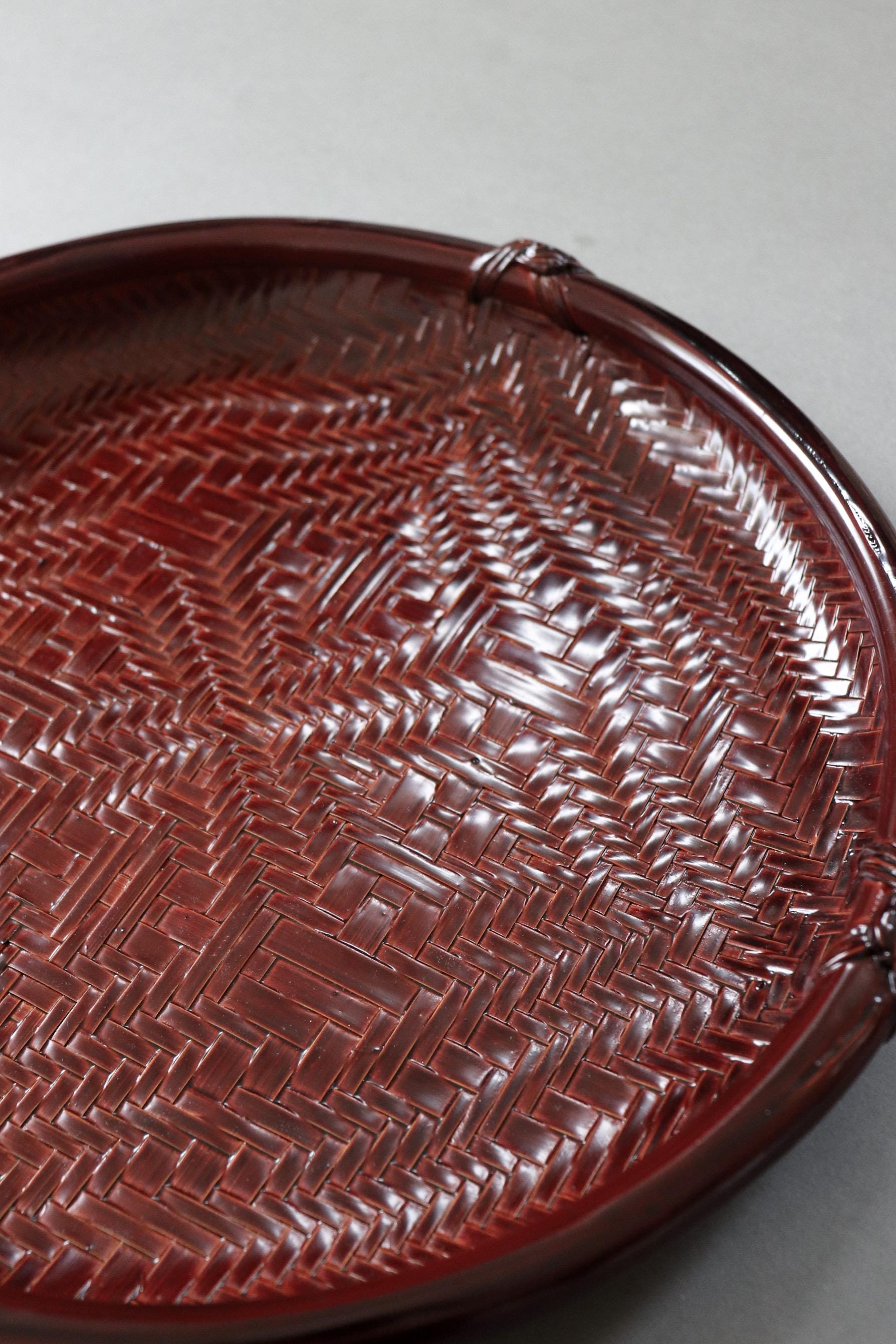 Red Lacquer Woven Bamboo Obon Tray | Traditional Tea Tray | Unused Japanese Craft | 30cm One of a Kind
