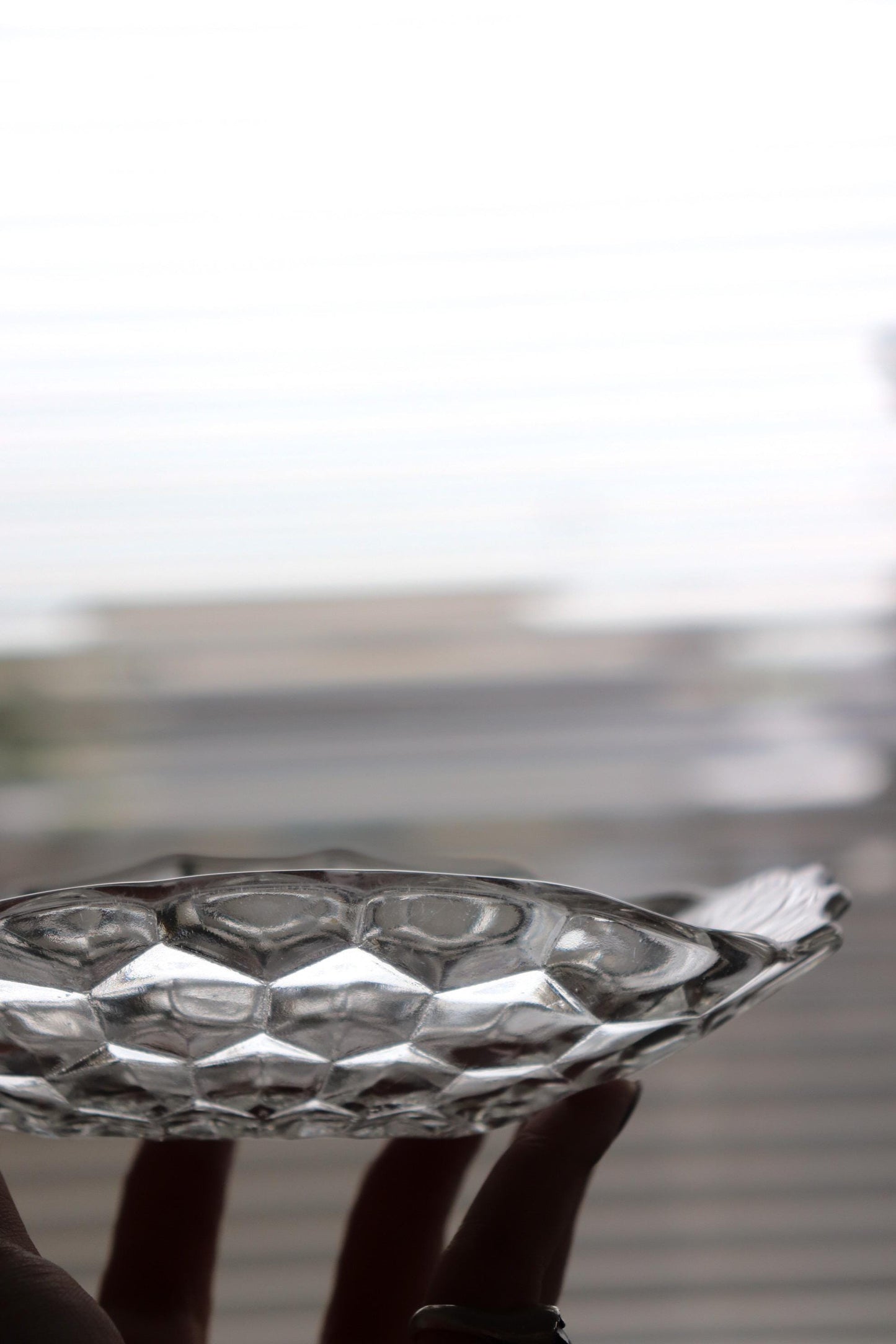 Vintage Glass Collection No.001 – Japanese Faceted Glass Object, Clear Sculptural Glass Dish, Oval Glass Tray