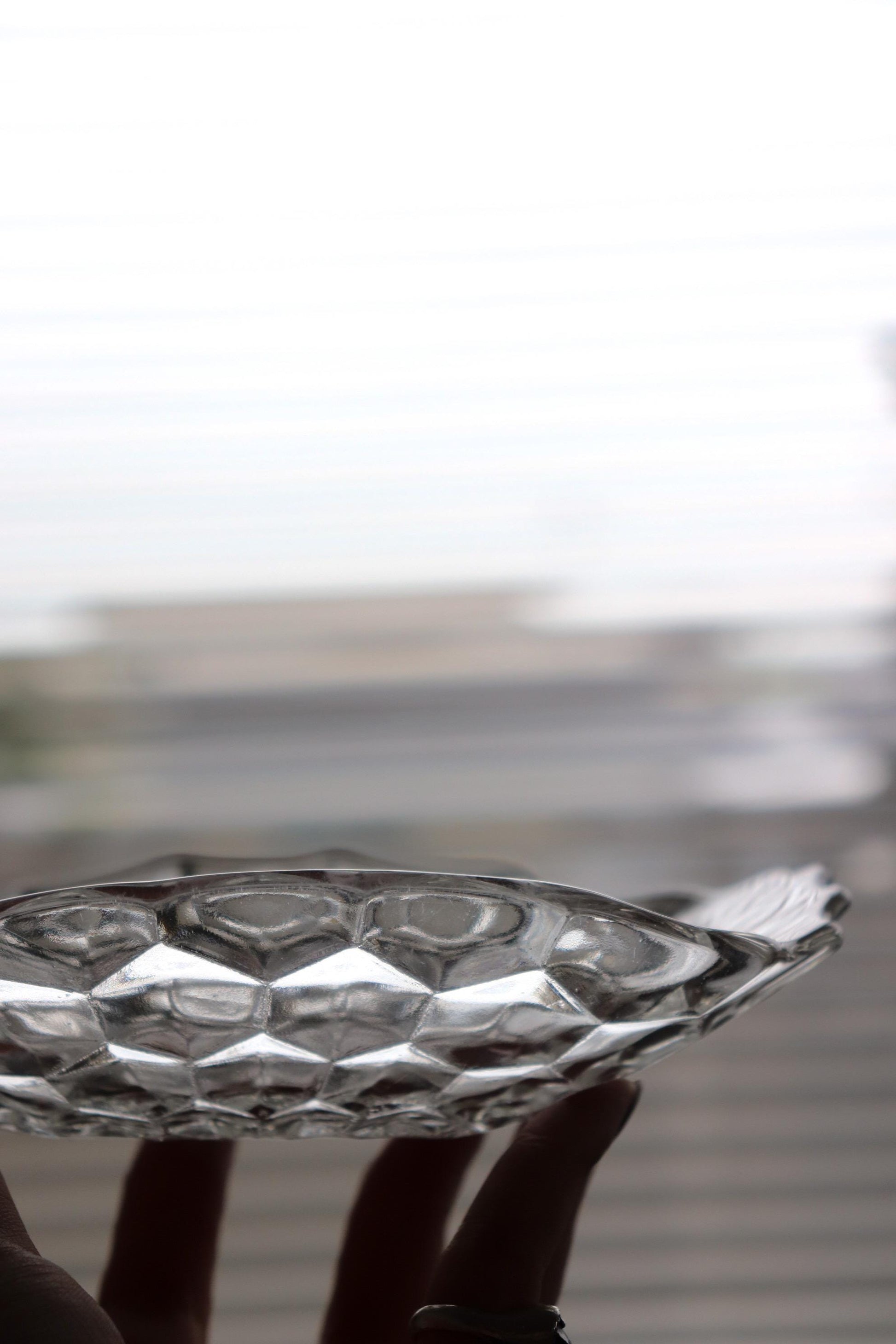 Vintage Glass Collection No.001 – Japanese Faceted Glass Object, Clear Sculptural Glass Dish, Oval Glass Tray