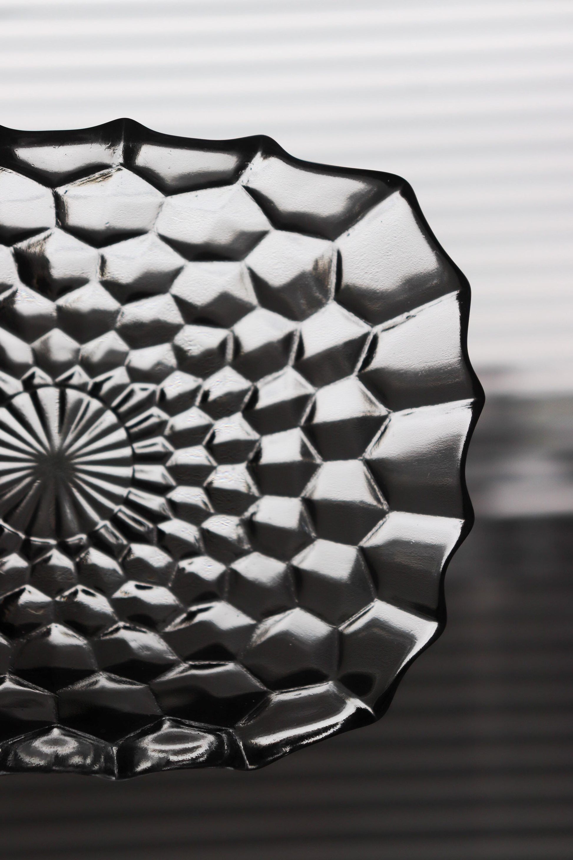 Vintage Glass Collection No.001 – Japanese Faceted Glass Object, Clear Sculptural Glass Dish, Oval Glass Tray