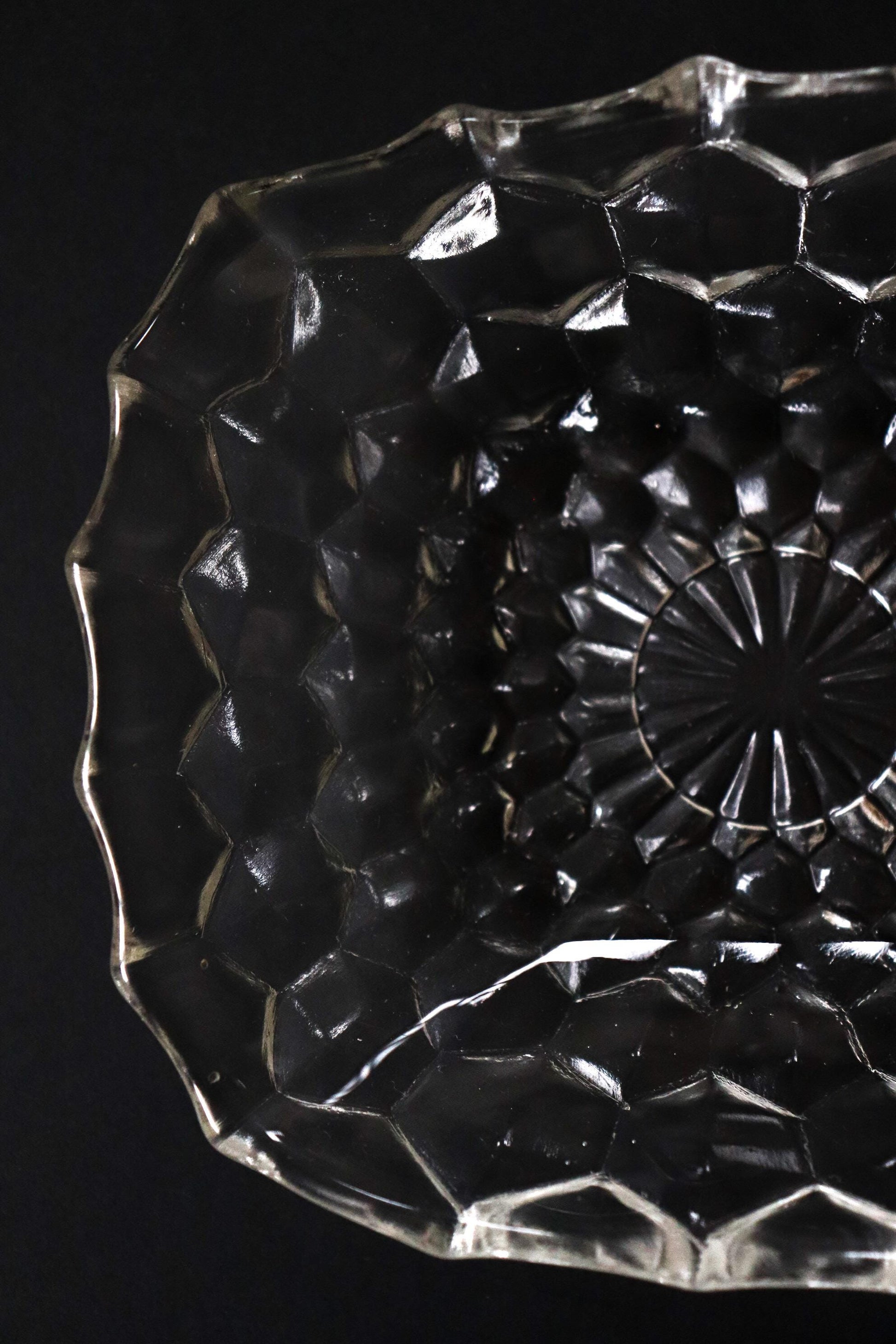 Vintage Glass Collection No.001 – Japanese Faceted Glass Object, Clear Sculptural Glass Dish, Oval Glass Tray