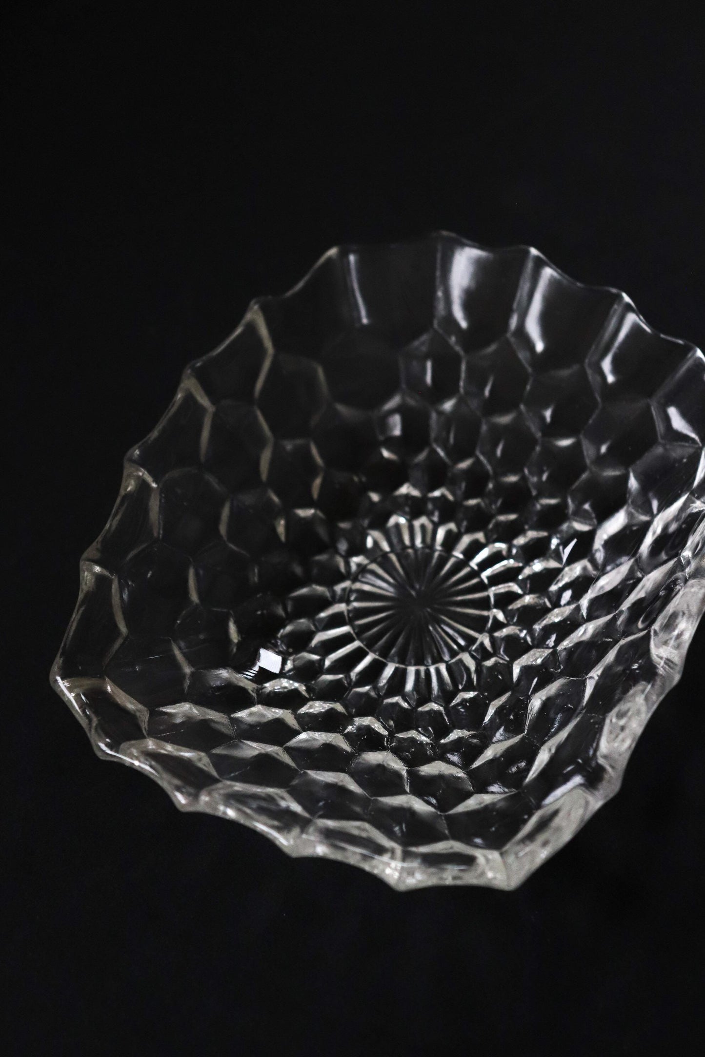 Vintage Glass Collection No.001 – Japanese Faceted Glass Object, Clear Sculptural Glass Dish, Oval Glass Tray