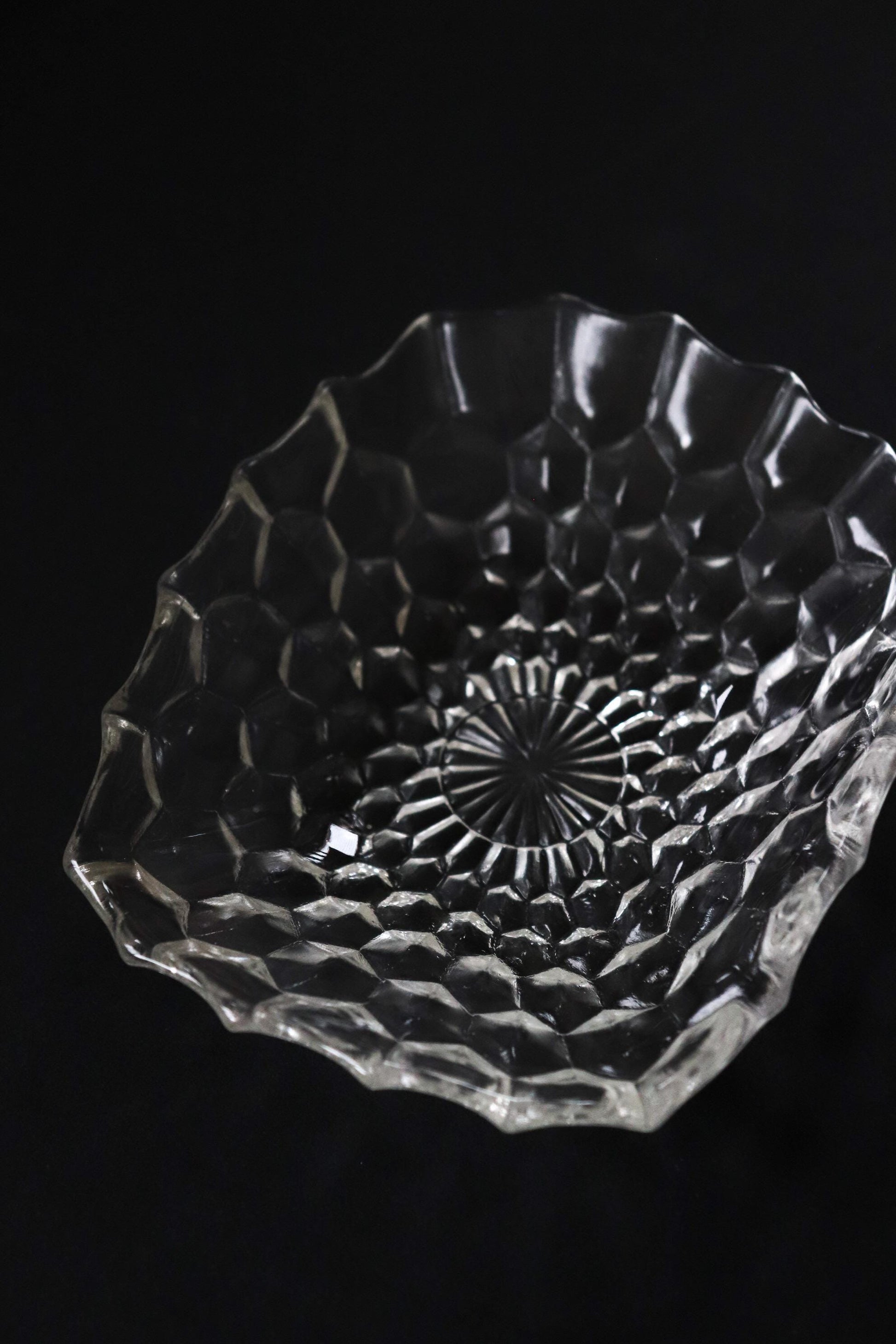 Vintage Glass Collection No.001 – Japanese Faceted Glass Object, Clear Sculptural Glass Dish, Oval Glass Tray