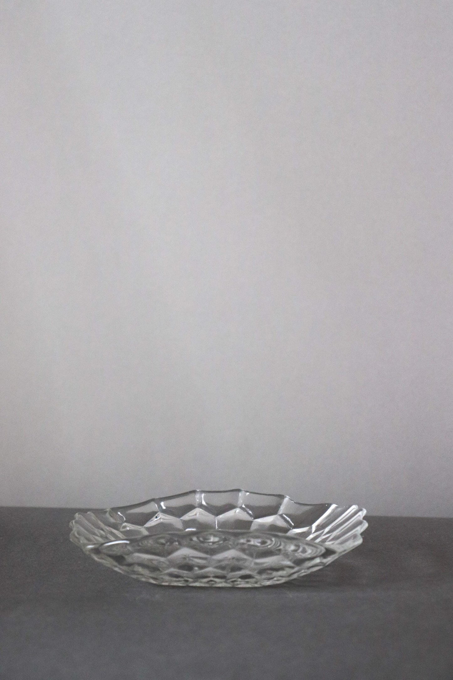 Vintage Glass Collection No.001 – Japanese Faceted Glass Object, Clear Sculptural Glass Dish, Oval Glass Tray