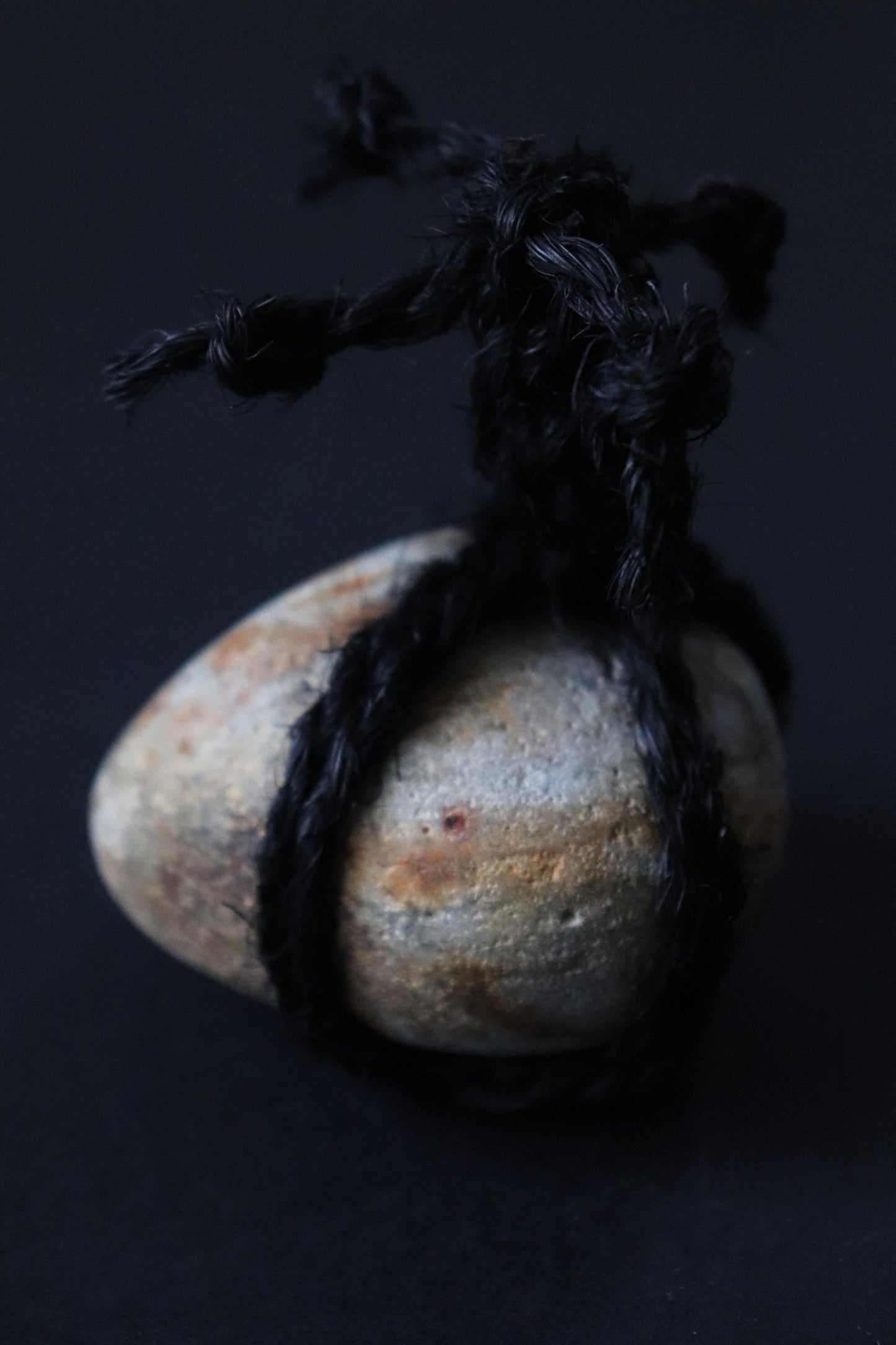 Japanese Sekimori Ishi Boundary Stone, Niigata River Stone with Palm Fiber Rope, Wabi Sabi Garden Object, Japanese Tea Ceremony Decor