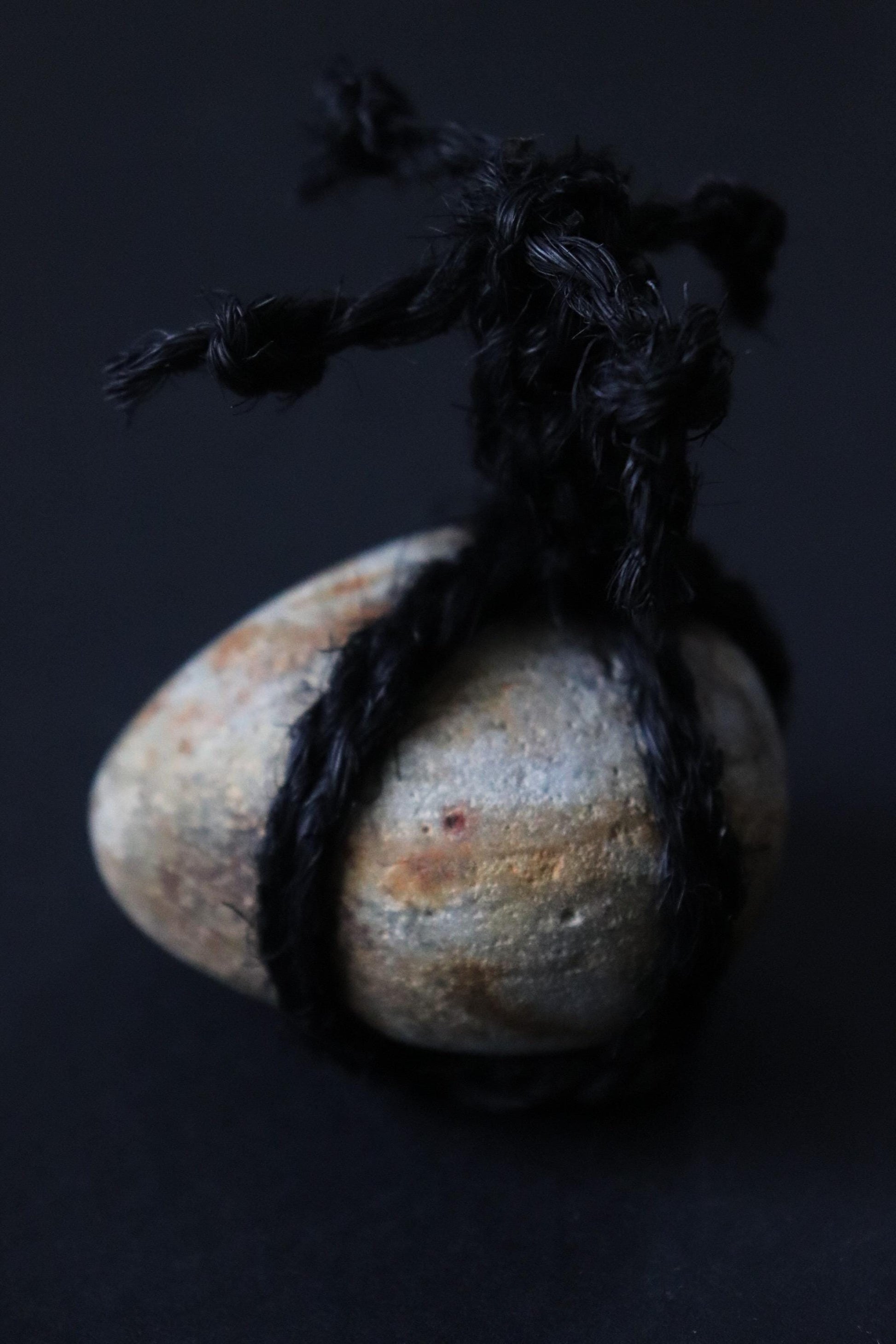 Japanese Sekimori Ishi Boundary Stone, Niigata River Stone with Palm Fiber Rope, Wabi Sabi Garden Object, Japanese Tea Ceremony Decor