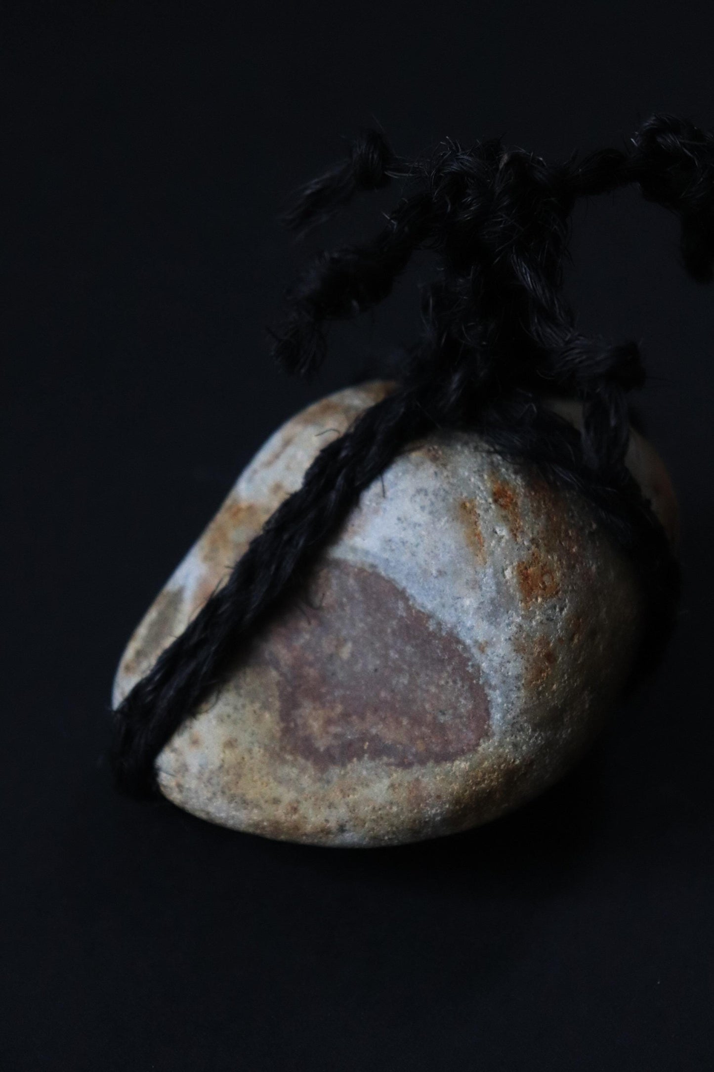 Japanese Sekimori Ishi Boundary Stone, Niigata River Stone with Palm Fiber Rope, Wabi Sabi Garden Object, Japanese Tea Ceremony Decor