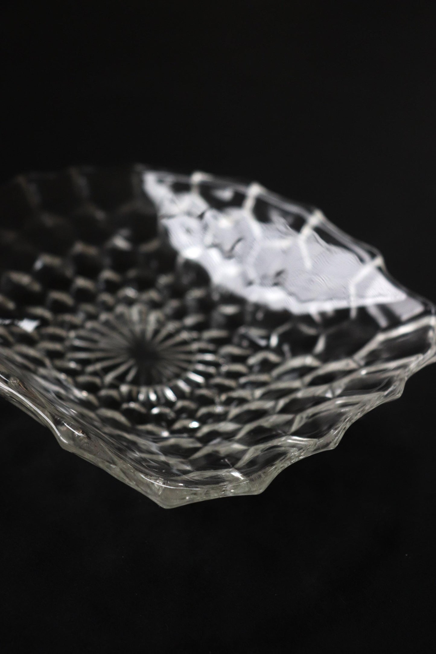 Vintage Glass Collection No.001 – Japanese Faceted Glass Object, Clear Sculptural Glass Dish, Oval Glass Tray