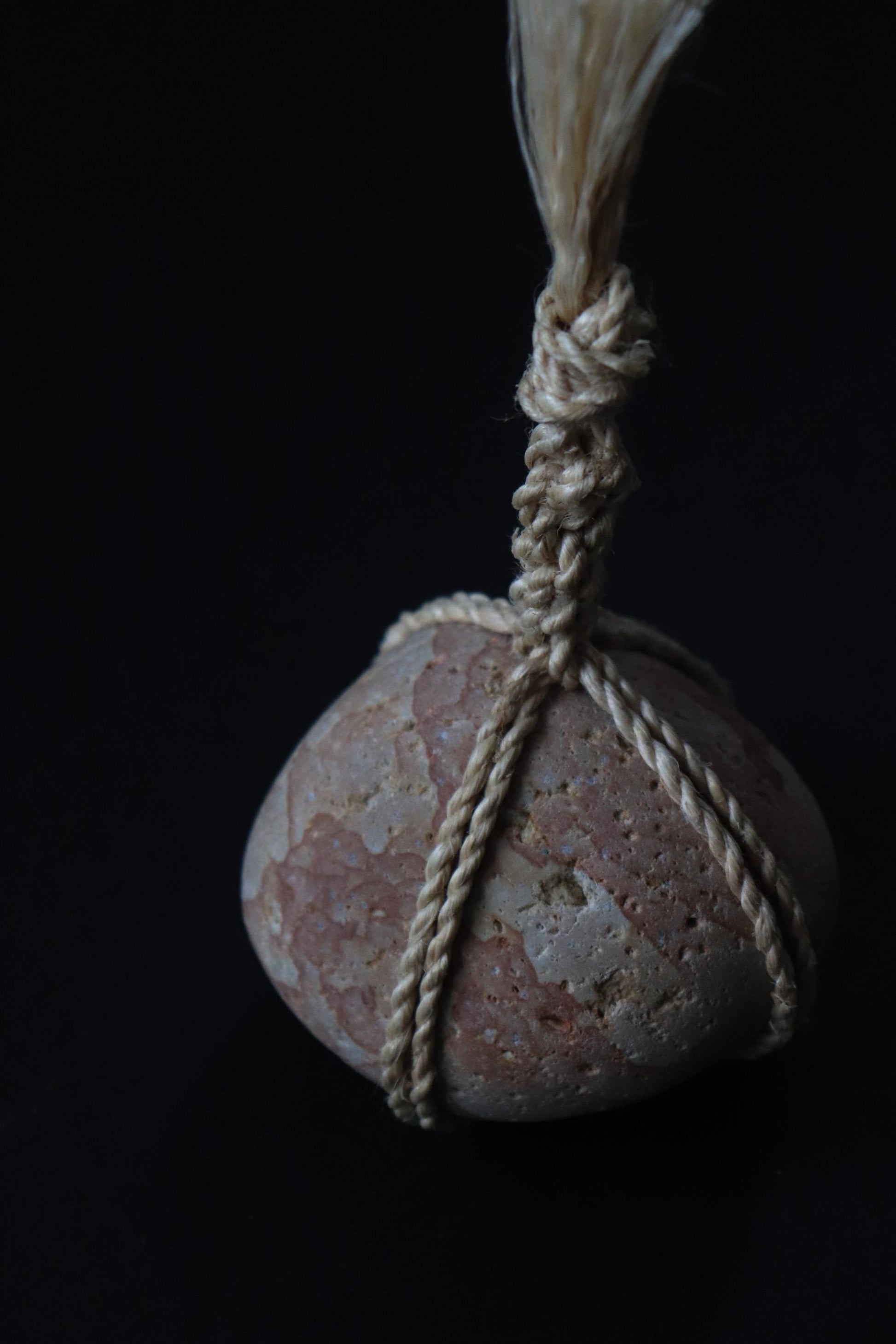 Japanese Sekimori Ishi Boundary Stone, Niigata River Stone with Sacred Hemp (Seima), Traditional Tea Garden Object