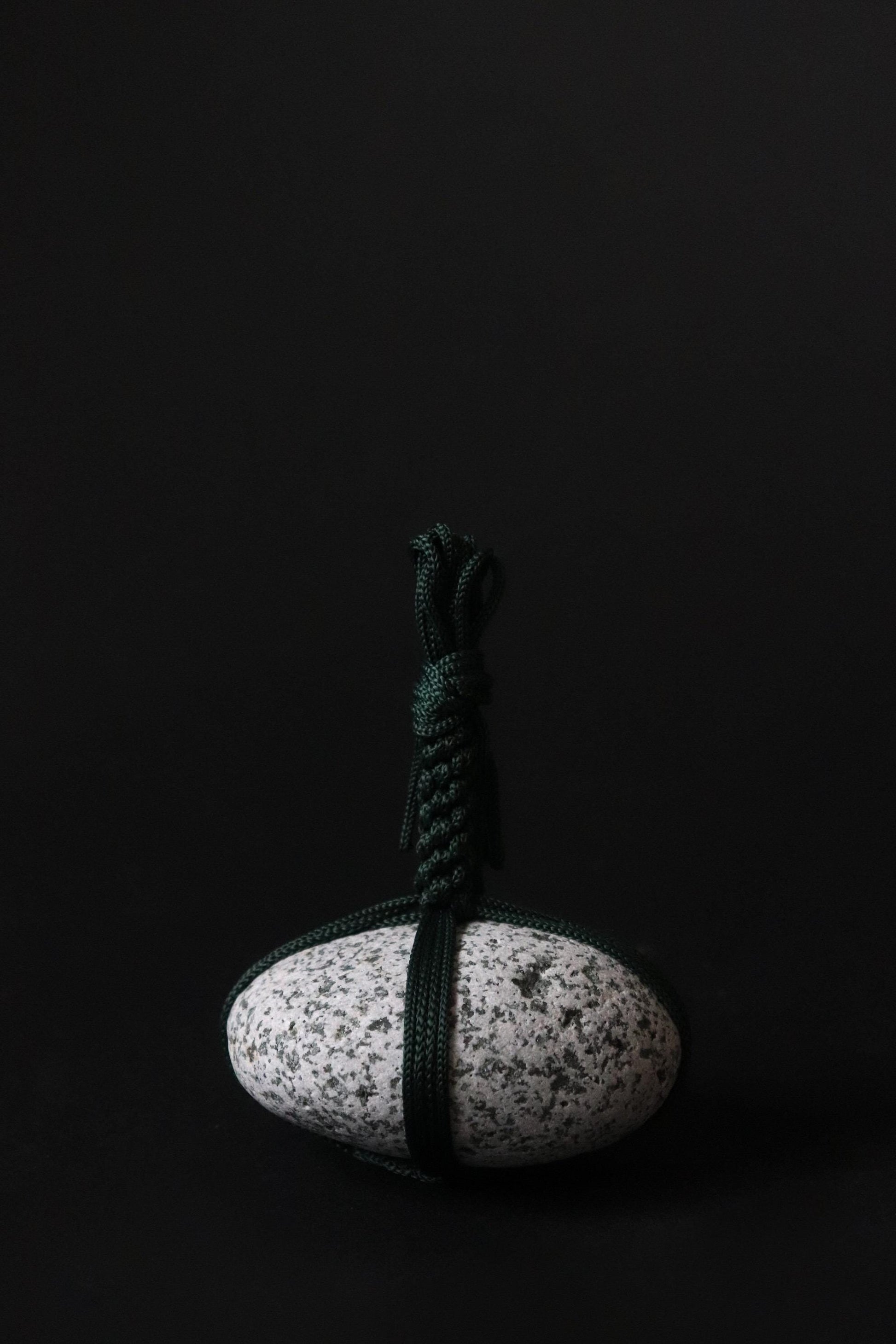 Japanese Sekimori Ishi Boundary Stone, Niigata Stone with Edo Uchi Cord, Wabi Sabi Garden Object, Japanese Tea Ceremony Decor