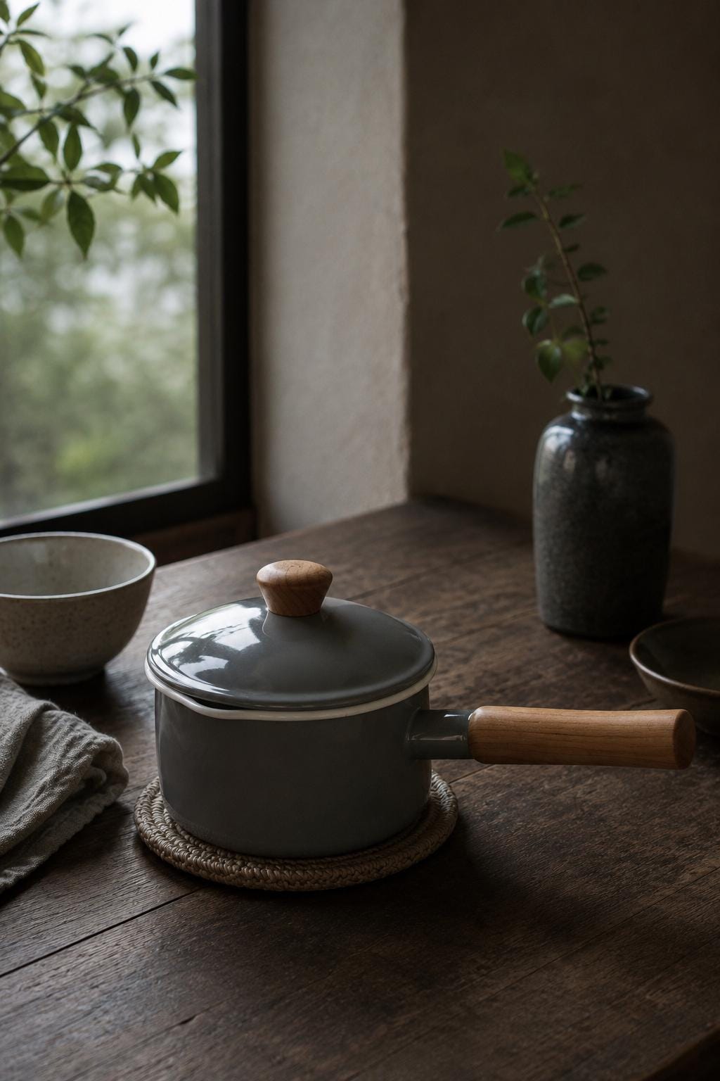 Noda Horo Couleur Enamel Saucepan 14cm, Japanese Enamel Pot with Lid, IH Compatible, Wooden Handle, Made in Japan