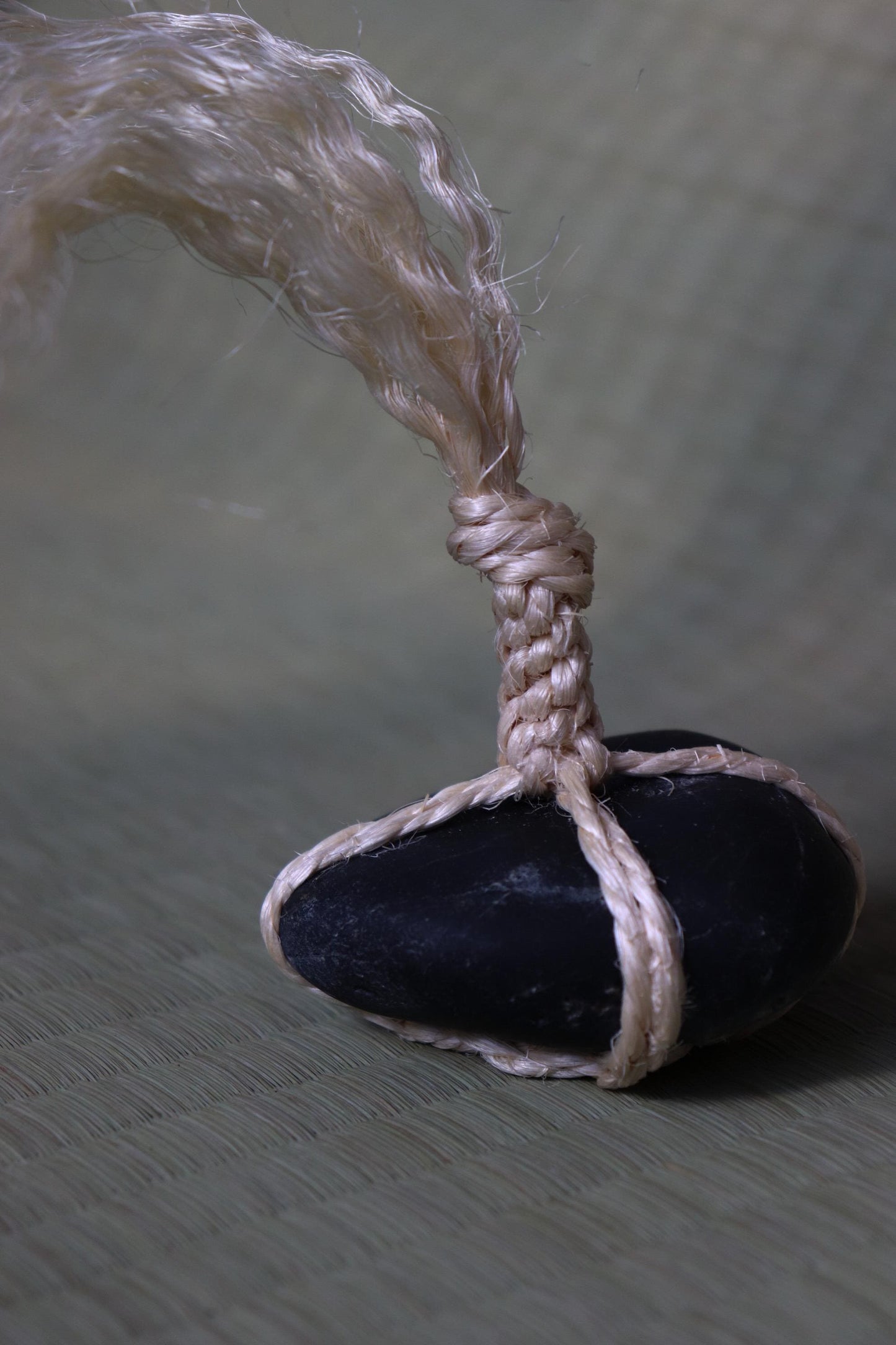 Japanese Sekimori Stone | Nachiguro Stone with Sisal Rope | Zen Garden Decor | Wabi Sabi Object | Handmade in Japan
