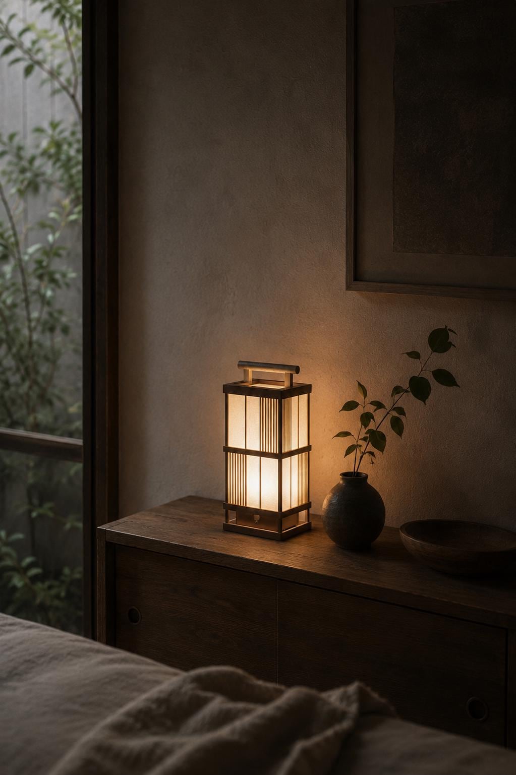 Japanese Hinoki and Washi Lantern Lamp, Motion Sensor LED, Cordless Bedside Light, Vertical Lattice, Made in Japan