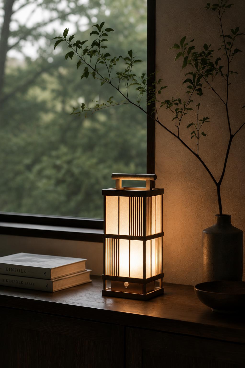 Japanese Hinoki and Washi Lantern Lamp, Motion Sensor LED, Cordless Bedside Light, Vertical Lattice, Made in Japan