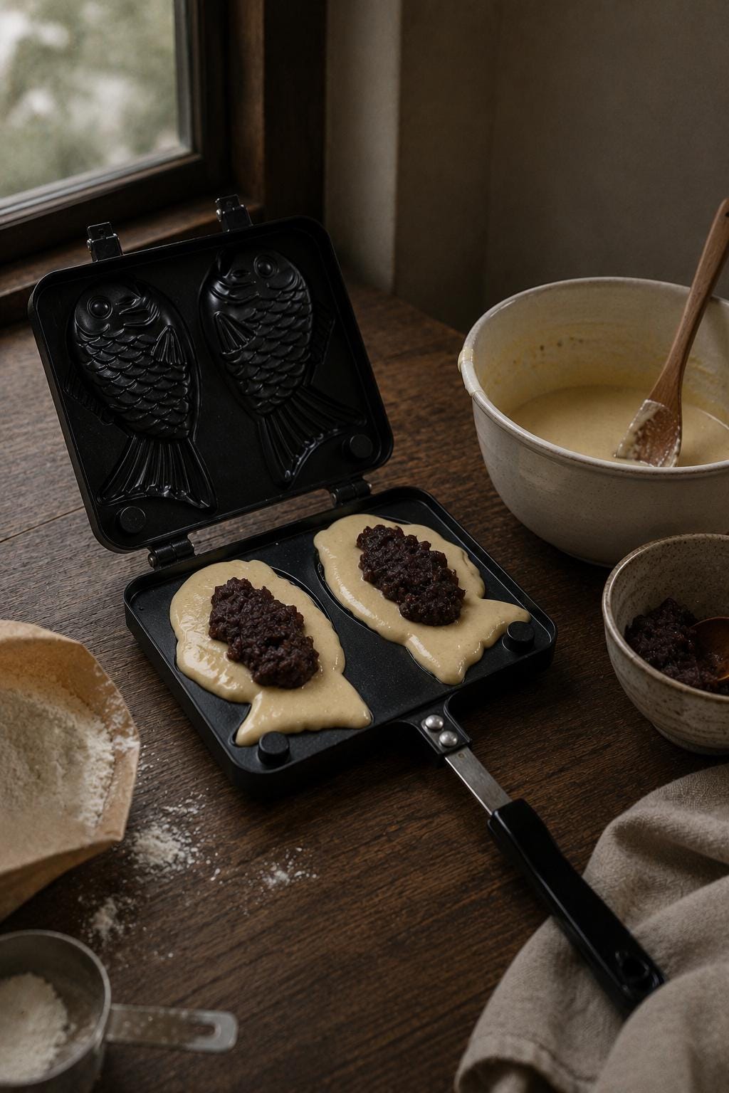 Japanese Taiyaki Pan for Gas Stove, Double Fish-Shaped Cake Maker, Nonstick Aluminum Mold, Japanese Street Food Cooking Tool