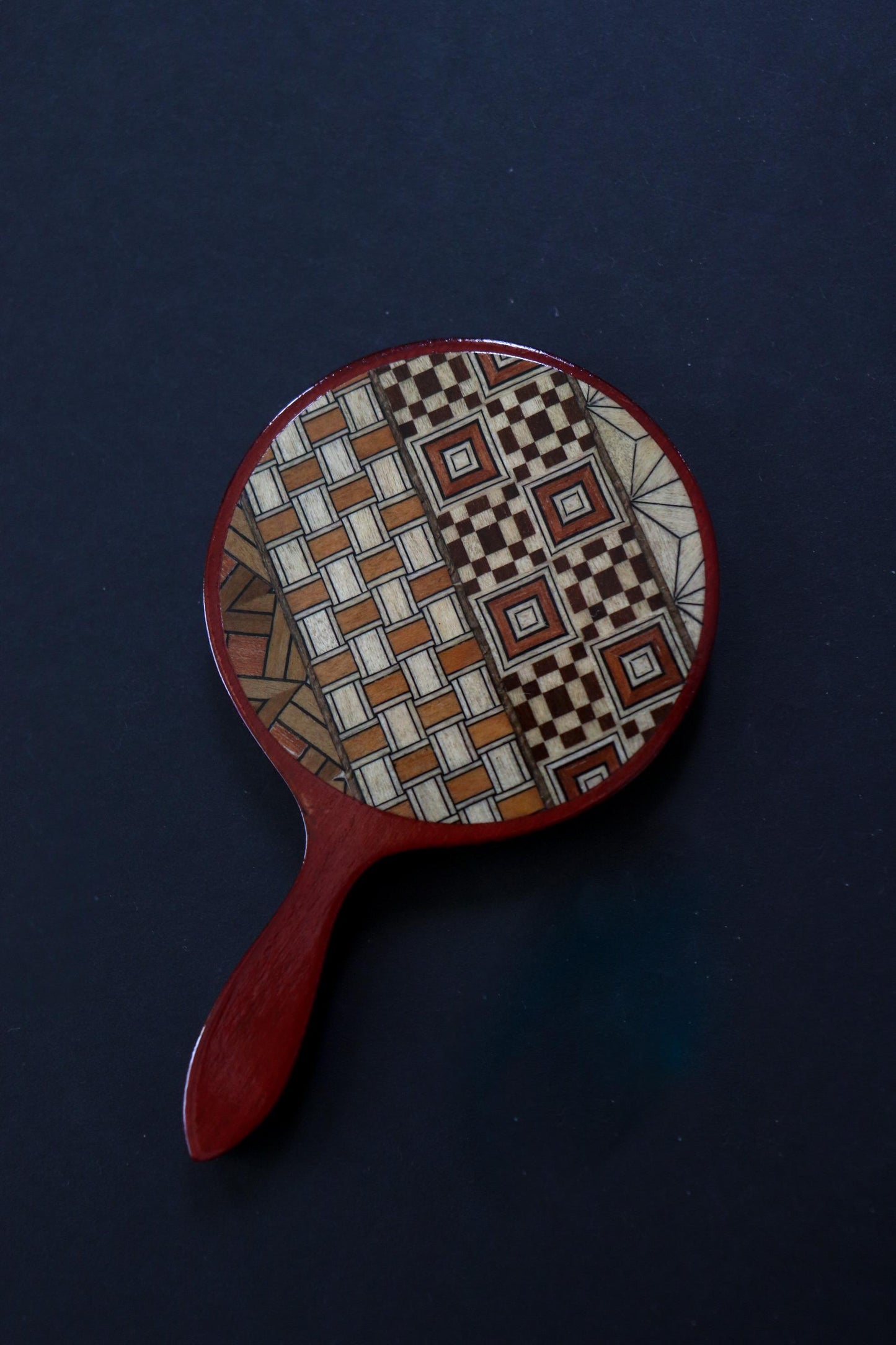 Vintage Hakone Yosegi Marquetry Hand Mirror with Box – Traditional Japanese Wooden Mirror, Unused Craft Gift, Made in Japan