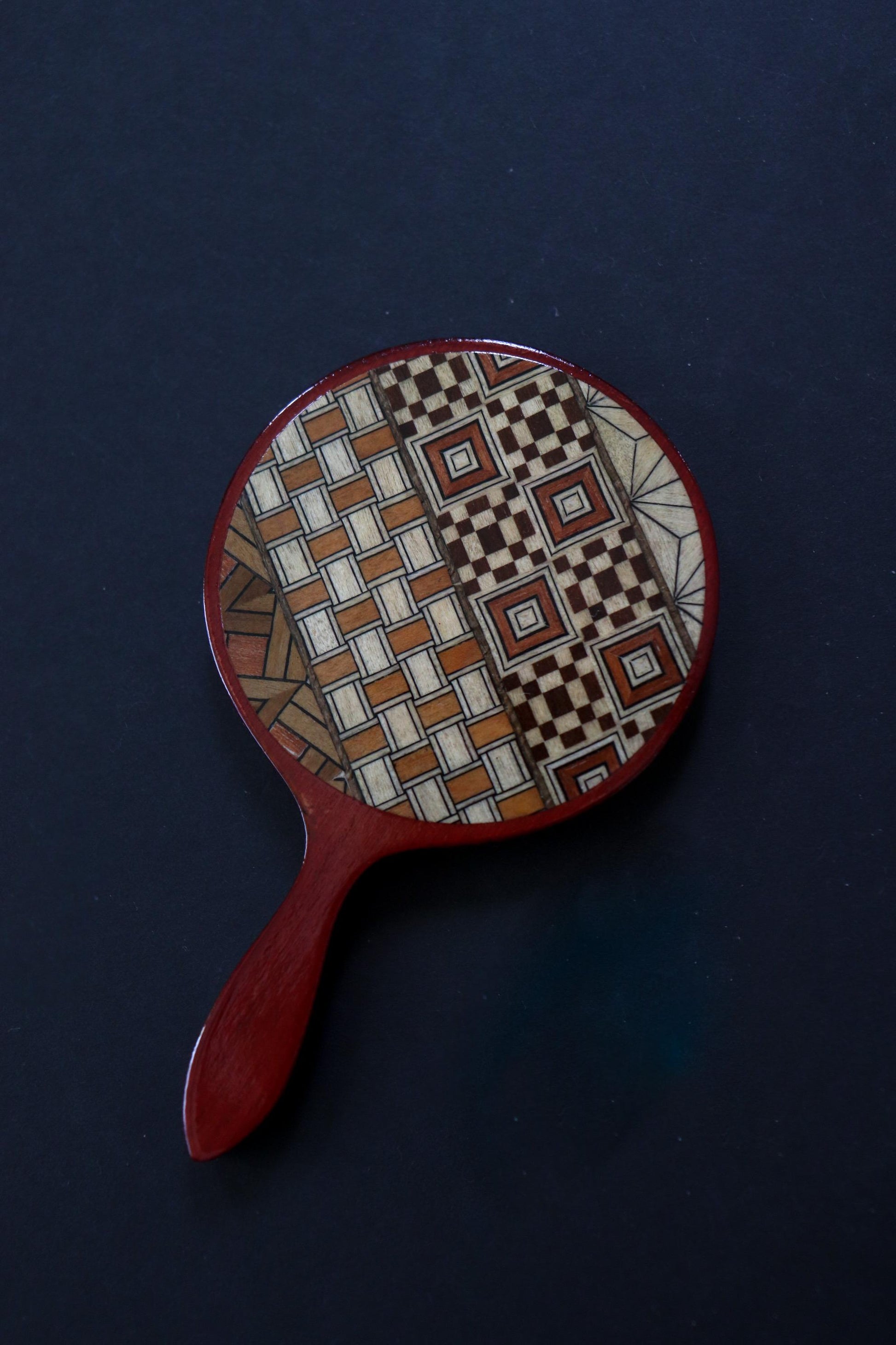 Vintage Hakone Yosegi Marquetry Hand Mirror with Box – Traditional Japanese Wooden Mirror, Unused Craft Gift, Made in Japan