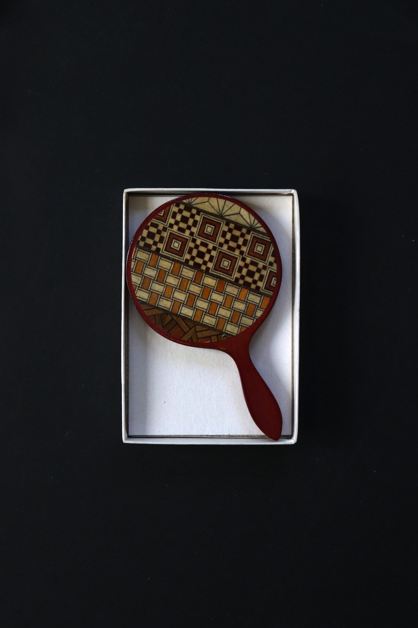 Vintage Hakone Yosegi Marquetry Hand Mirror with Box – Traditional Japanese Wooden Mirror, Unused Craft Gift, Made in Japan