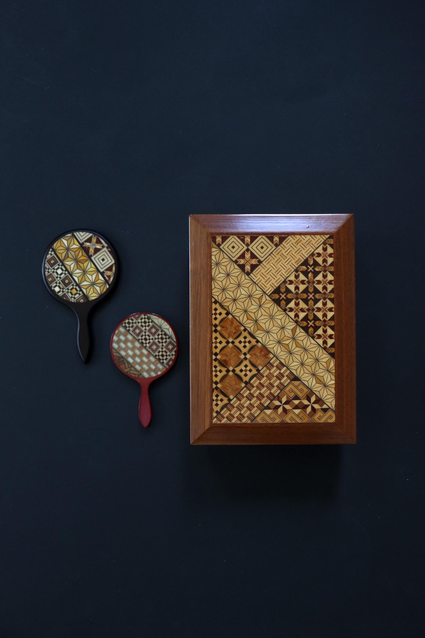 Vintage Hakone Yosegi Hand Mirror with Box – Black Lacquer Wooden Mirror, Traditional Japanese Craft, Unused, Made in Japan