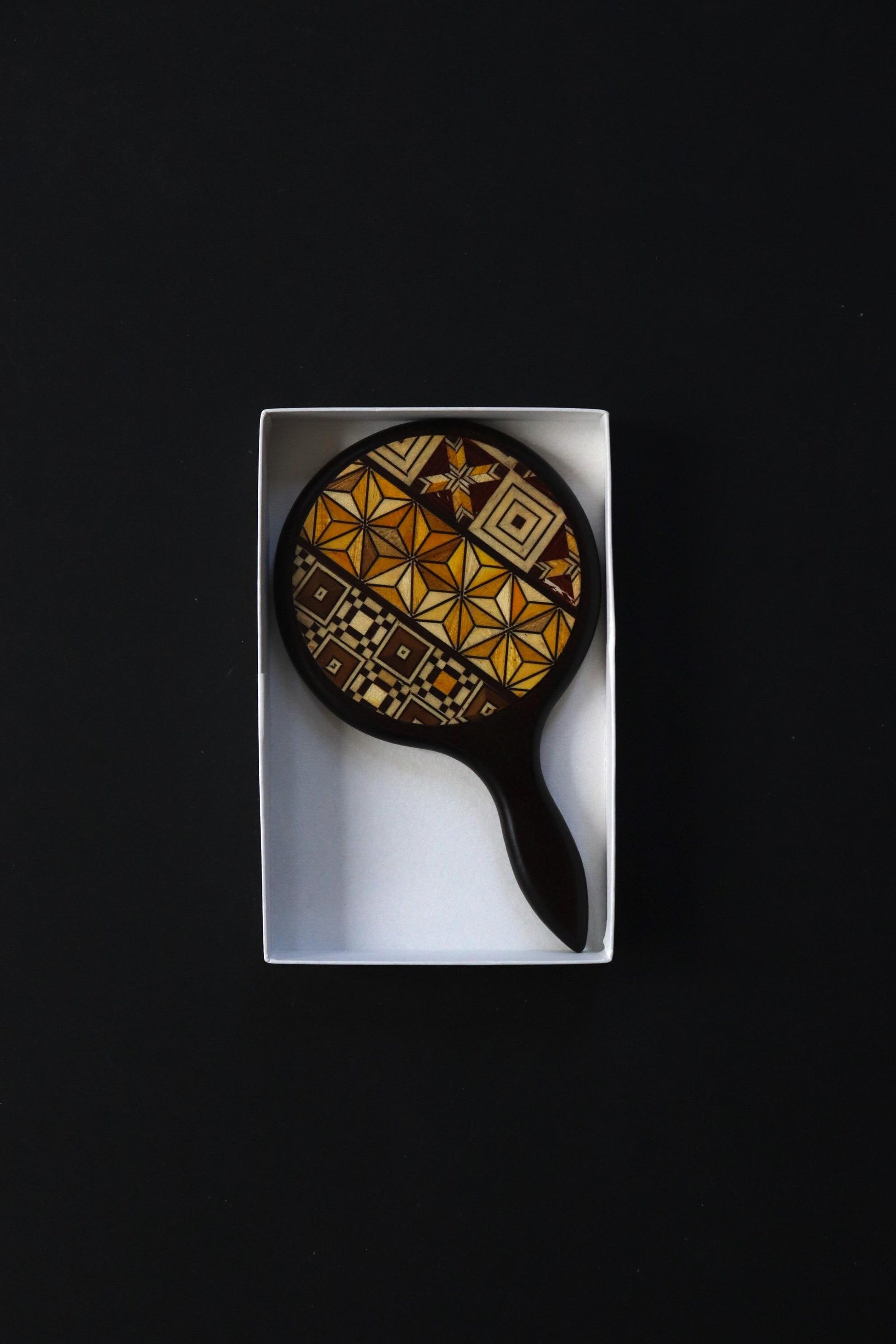 Vintage Hakone Yosegi Hand Mirror with Box – Black Lacquer Wooden Mirror, Traditional Japanese Craft, Unused, Made in Japan