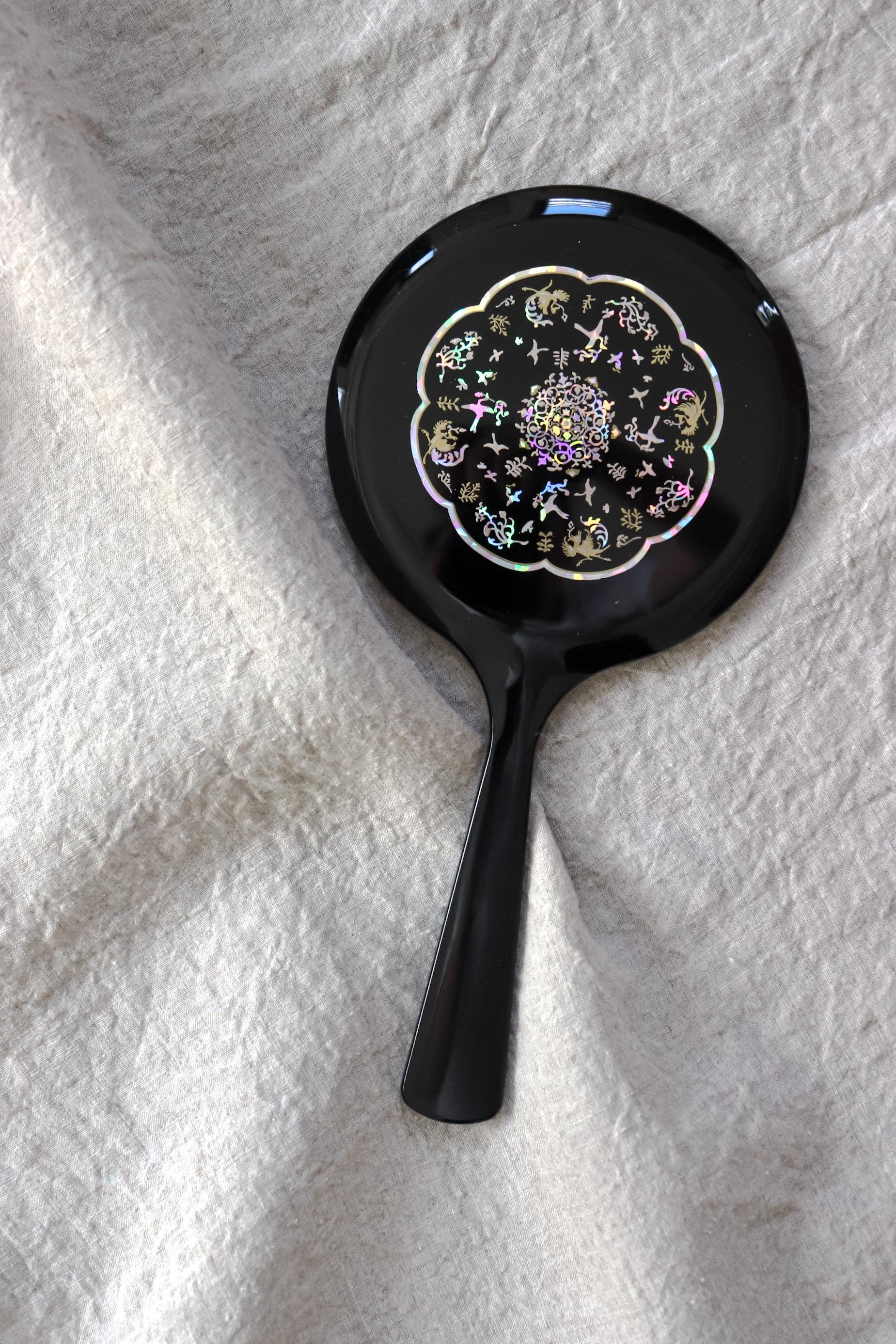 Vintage Japanese Raden Lacquer Hand Mirror with Box – Yamanaka Lacquerware, Mother of Pearl Vanity Mirror, Traditional Japanese Craft