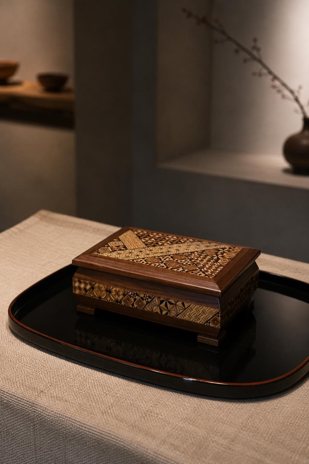 Vintage Hakone Yosegi Jewelry Box with Mirror – Japanese Wooden Keepsake Box, Traditional Marquetry, Made in Japan
