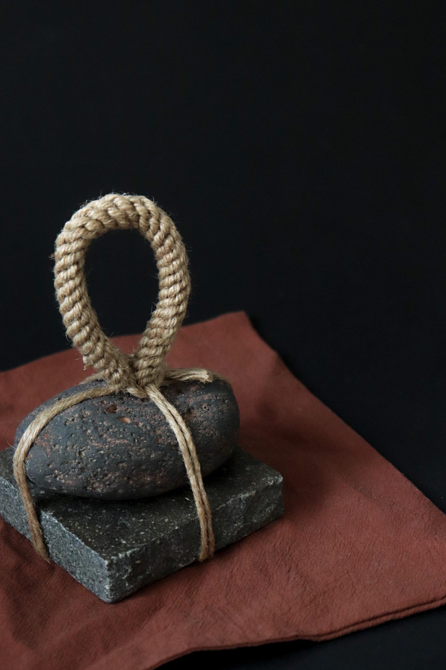 Japanese Two-Tier Sekimori Ishi | Niigata Natural Stone with Hemp Cord | Tea Garden Marker | Wabi Sabi Decor | One of a Kind