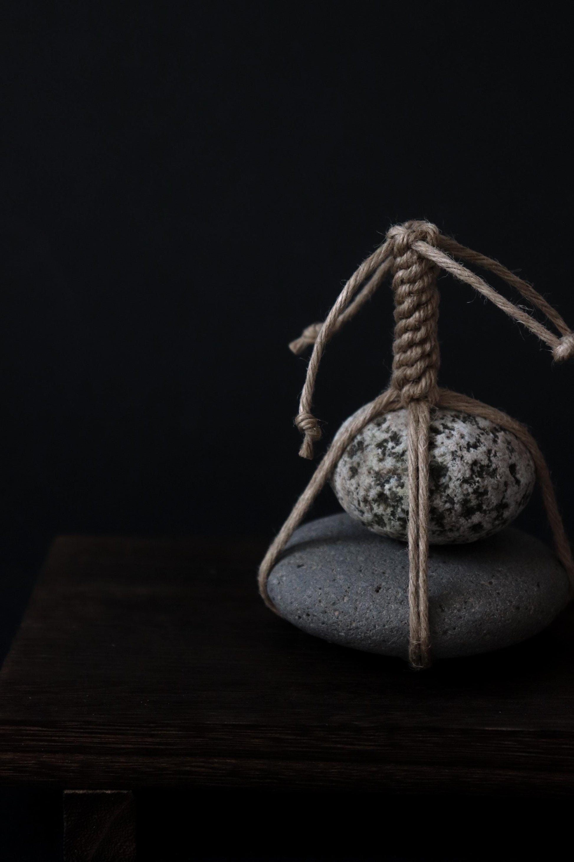 Japanese Two-Tier Sekimori Ishi | Niigata Natural Stone with Hemp Cord | Tea Garden Marker | Wabi Sabi Decor | One of a Kind