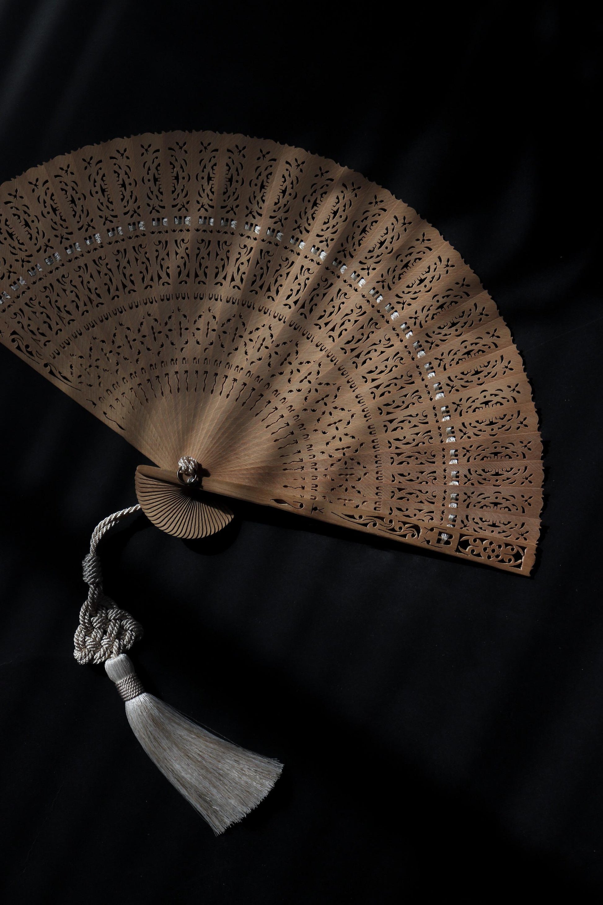 Vintage Japanese Sandalwood Folding Fan No. 03, Carved Openwork Sensu with Artisan Tassel & Paulownia Box, WabiSabi Kitchen Collection