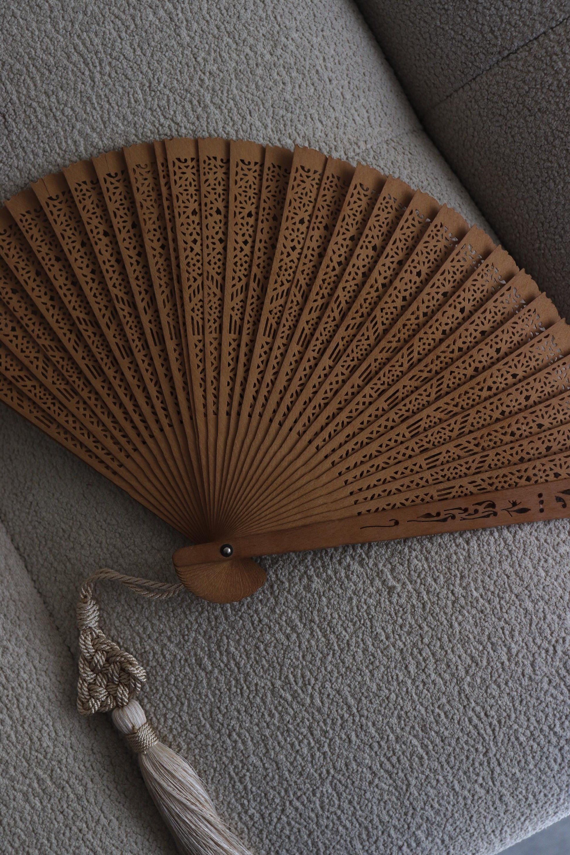 Vintage Japanese Sandalwood Folding Fan No. 02, Carved Wooden Sensu with Artisan Tassel & Paulownia Box, WabiSabi Kitchen Collection