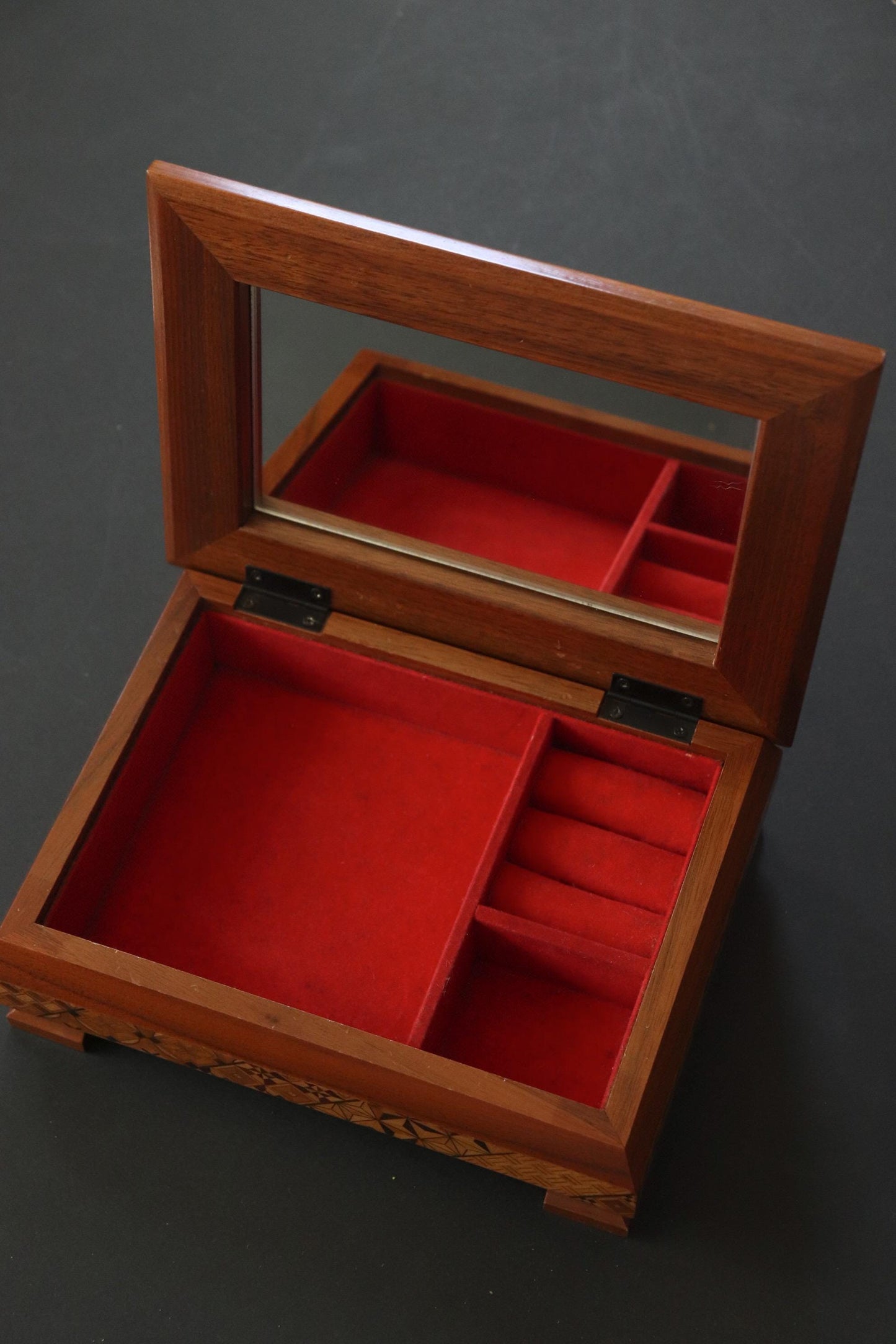Vintage Hakone Yosegi Jewelry Box with Mirror – Japanese Wooden Keepsake Box, Traditional Marquetry, Made in Japan