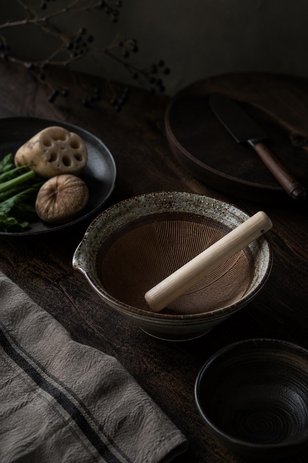 Japanese Suribachi Mortar Bowl 5 Sun (15cm) with Wooden Pestle, Karatsu Style Grinding Bowl, Ceramic Sesame Bowl, Made in Japan